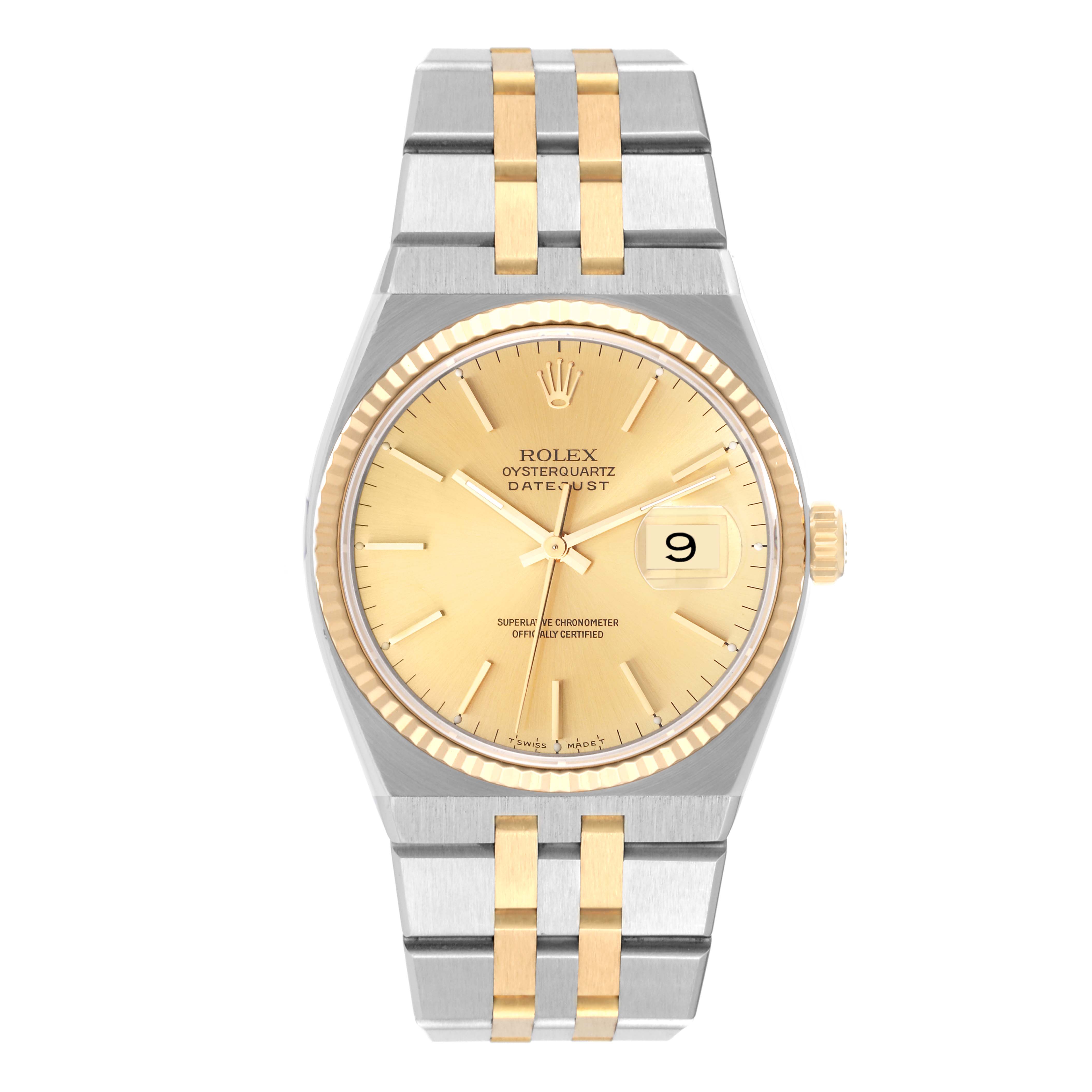 This image shows a frontal view of the Rolex Oysterquartz 17013 Men
s Steel and Gold (two tone) Champagne Dial 17013 Men
s Steel and Gold (two tone) Champagne Dial Datejust watch featuring a two-tone gold and silver design.