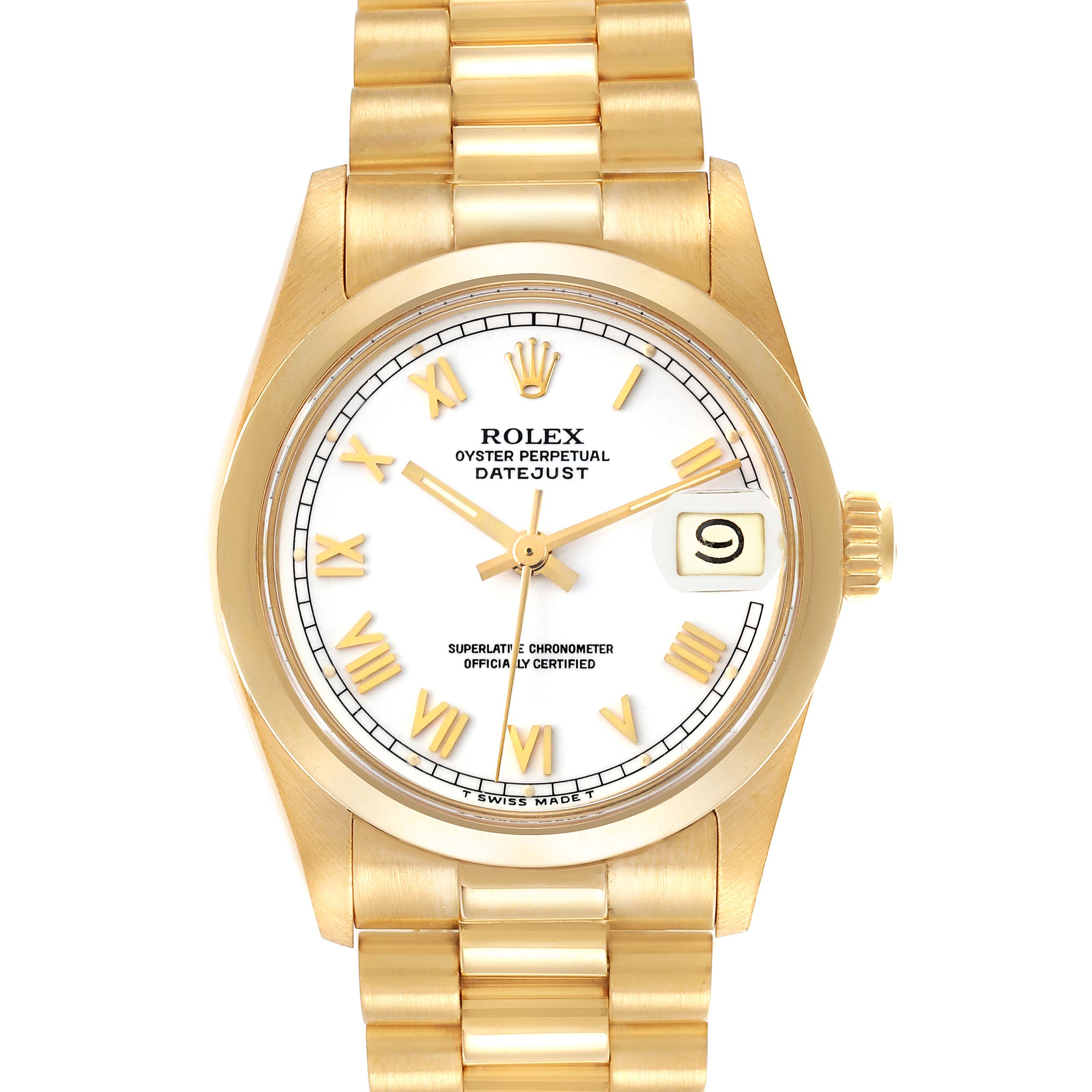 The Rolex President 6824 Women's Yellow Gold White Dial 6824 Women's Yellow Gold White Dial model is shown from the front, displaying the face, bracelet, crown, and date window clearly.