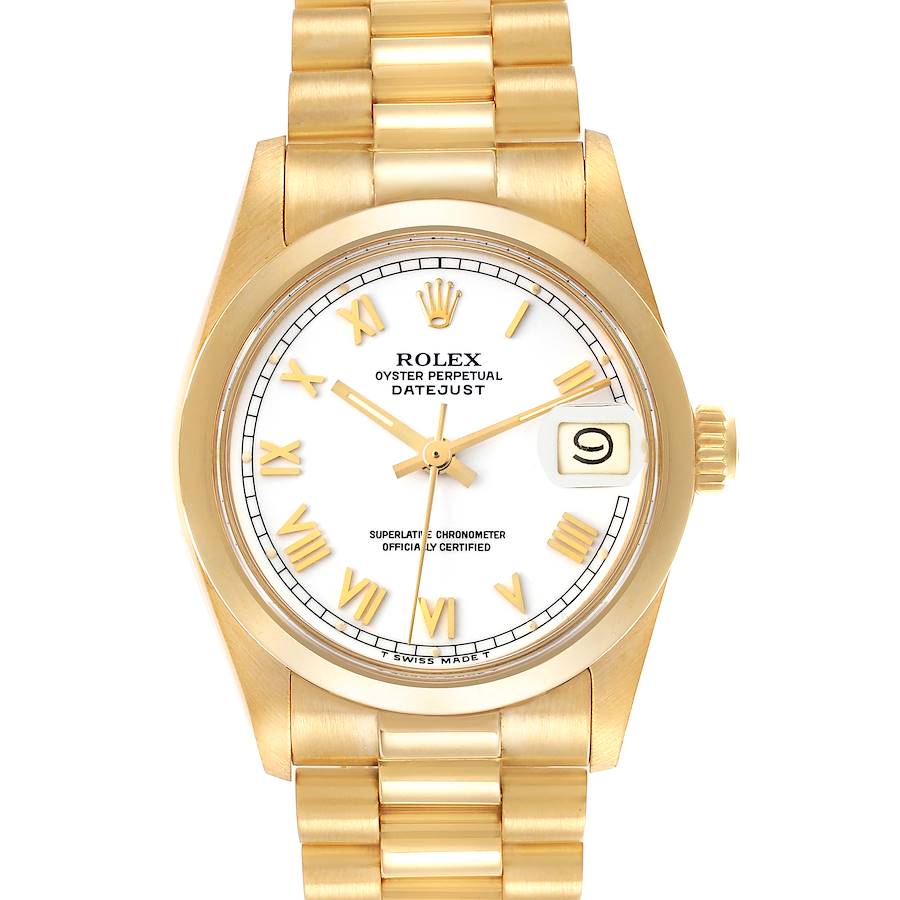 The Rolex President model is shown from the front, displaying the face, bracelet, crown, and date window clearly.