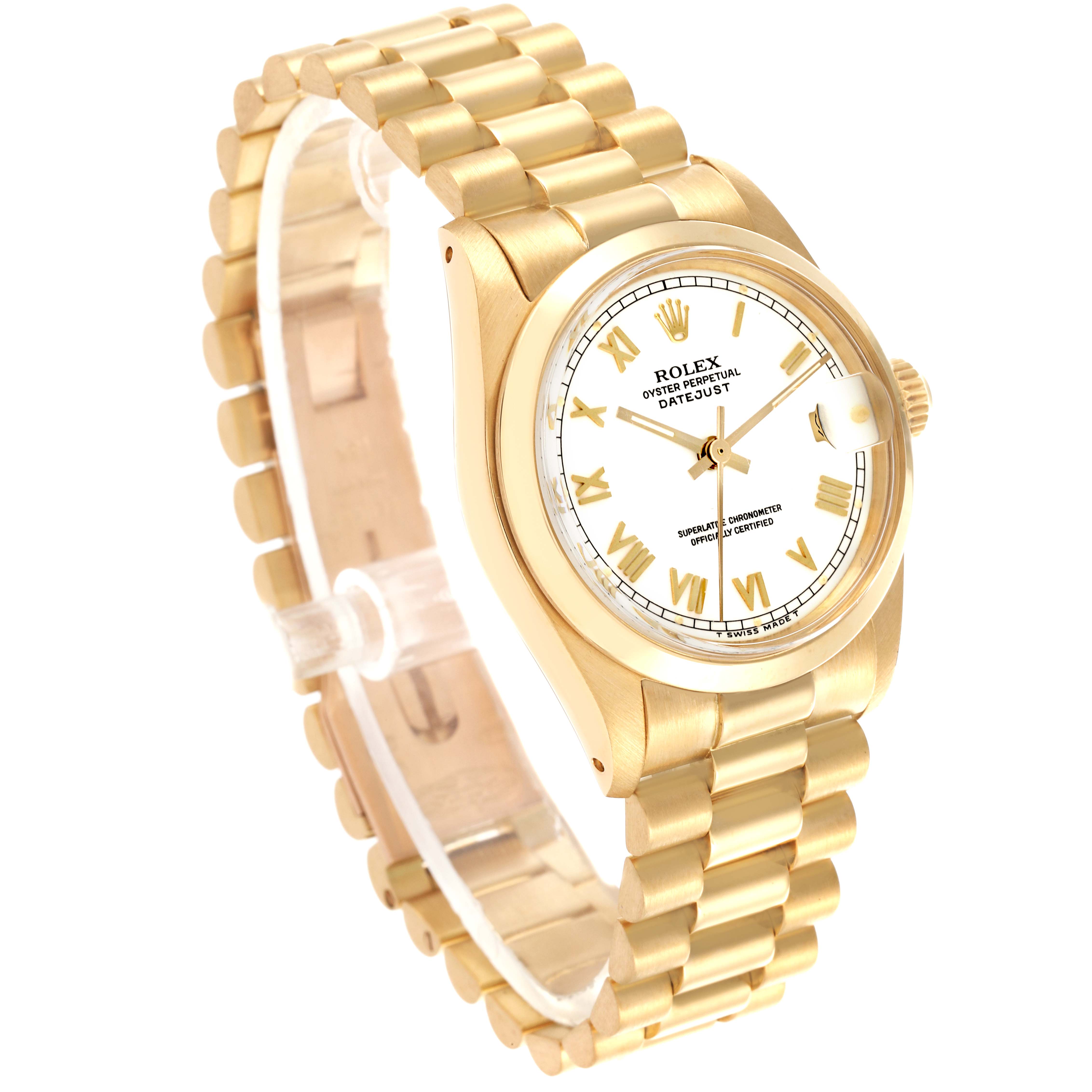 The Rolex President 6824 Women's Yellow Gold White Dial 6824 Women's Yellow Gold White Dial model is shown from a three-quarter angle, highlighting the gold bracelet, case, and dial.