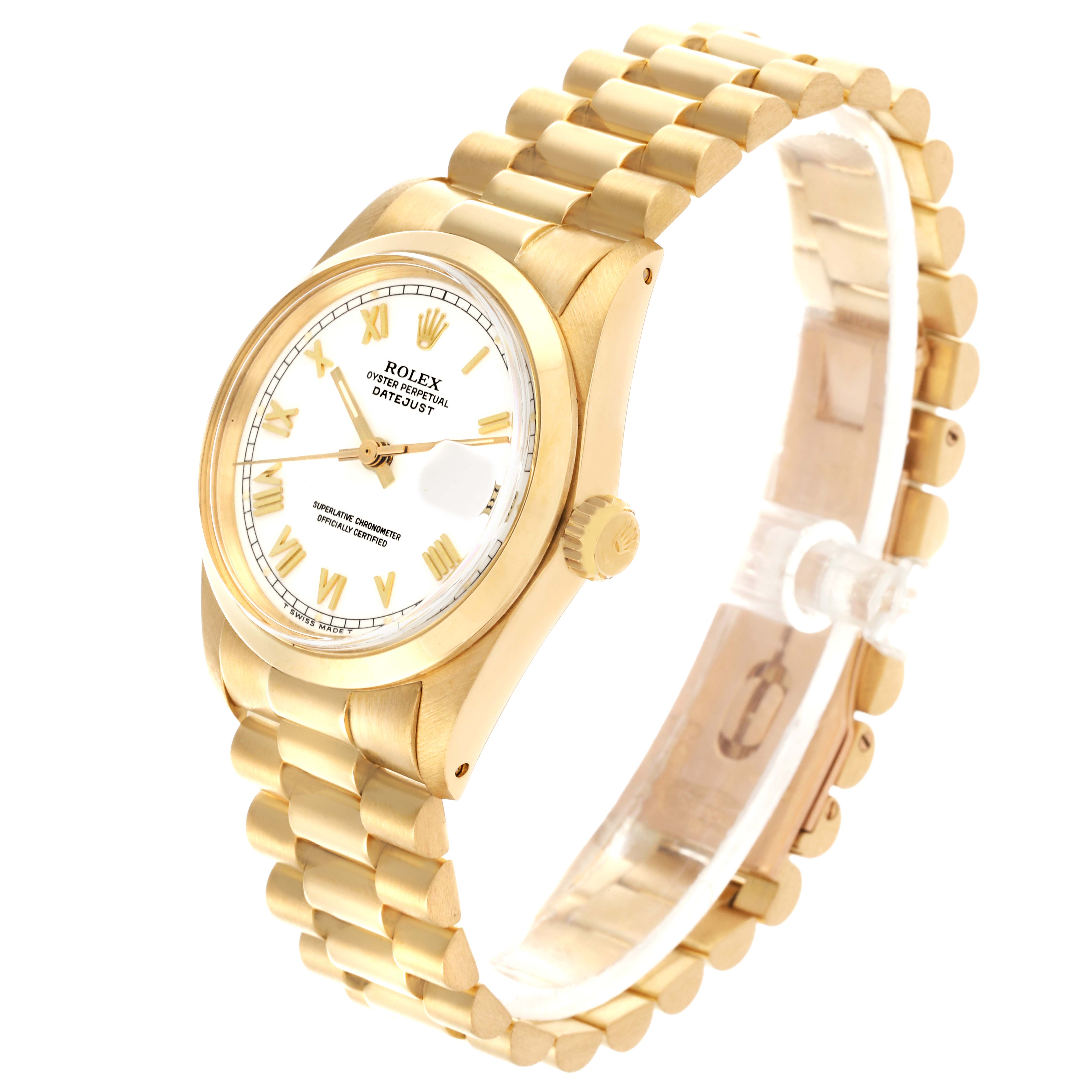 The Rolex President 6824 Women's Yellow Gold White Dial 6824 Women's Yellow Gold White Dial model watch is shown at an angled view, displaying the face, crown, and bracelet.