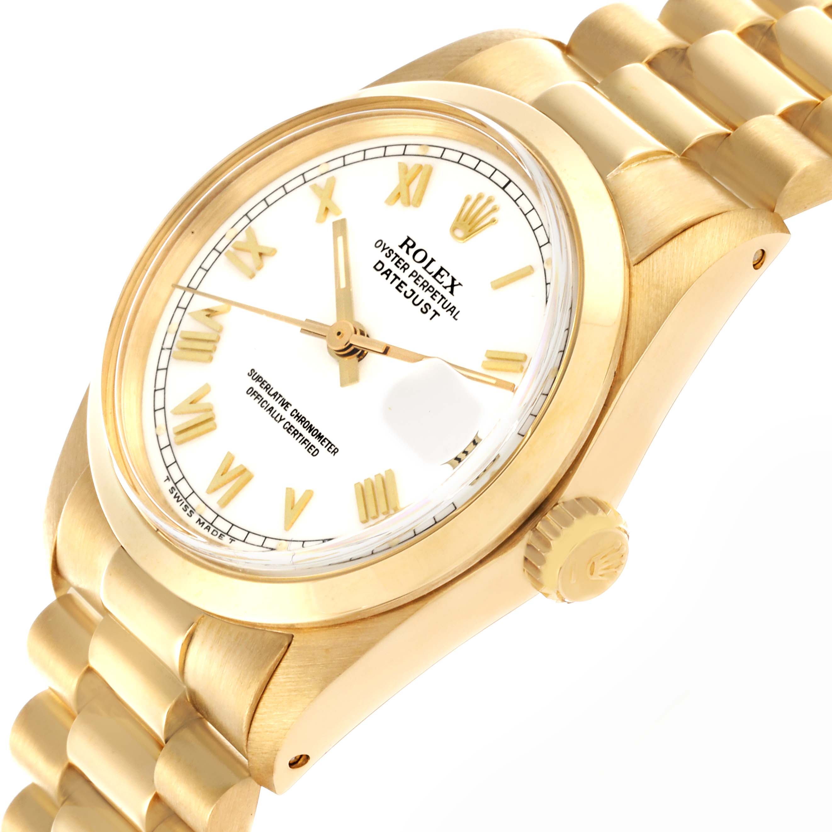 The Rolex President 6824 Women's Yellow Gold White Dial 6824 Women's Yellow Gold White Dial watch is shown from an angle highlighting the dial, crown, and part of the band.