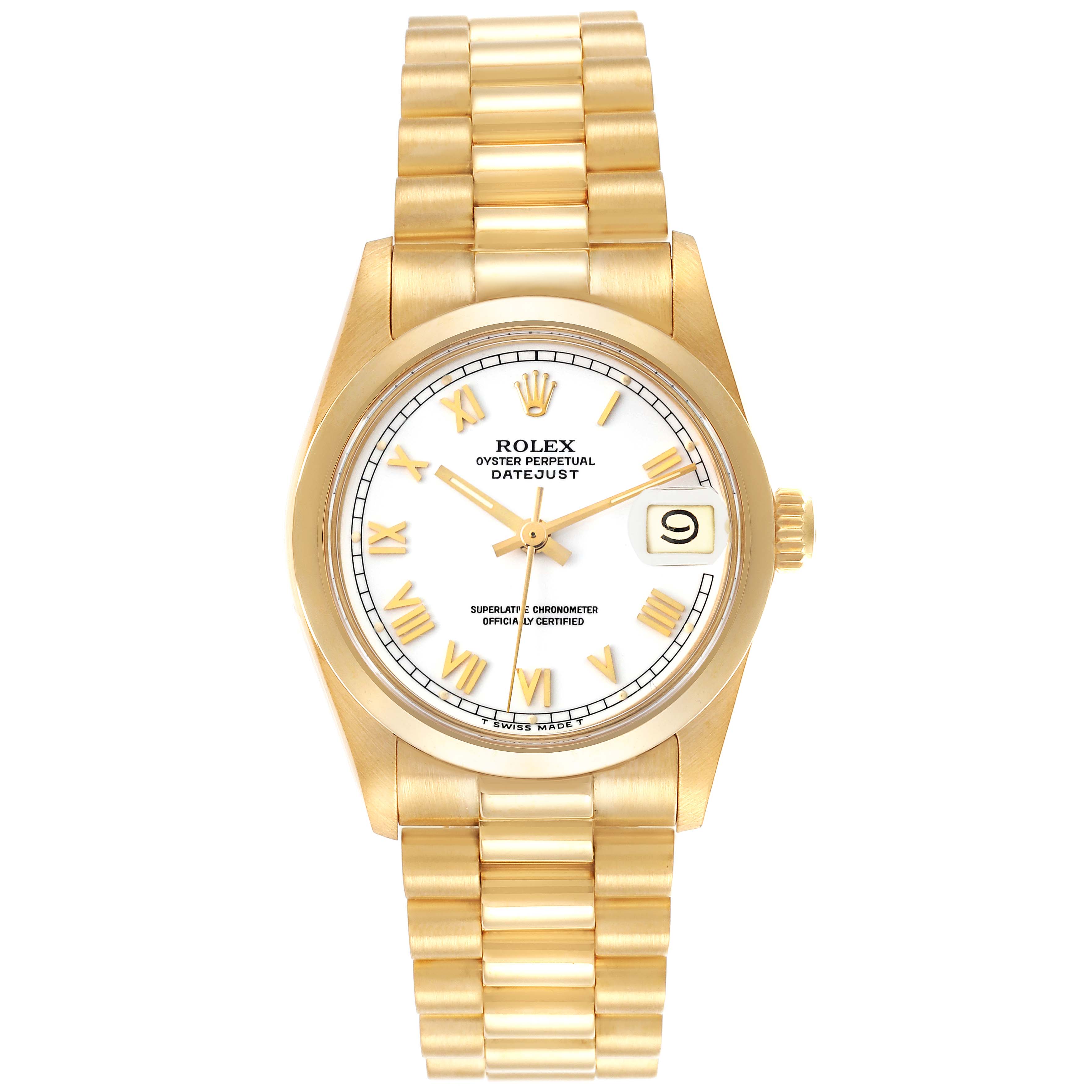 The Rolex President 6824 Women's Yellow Gold White Dial 6824 Women's Yellow Gold White Dial watch is shown from a top-down angle, displaying the dial, case, and full bracelet.