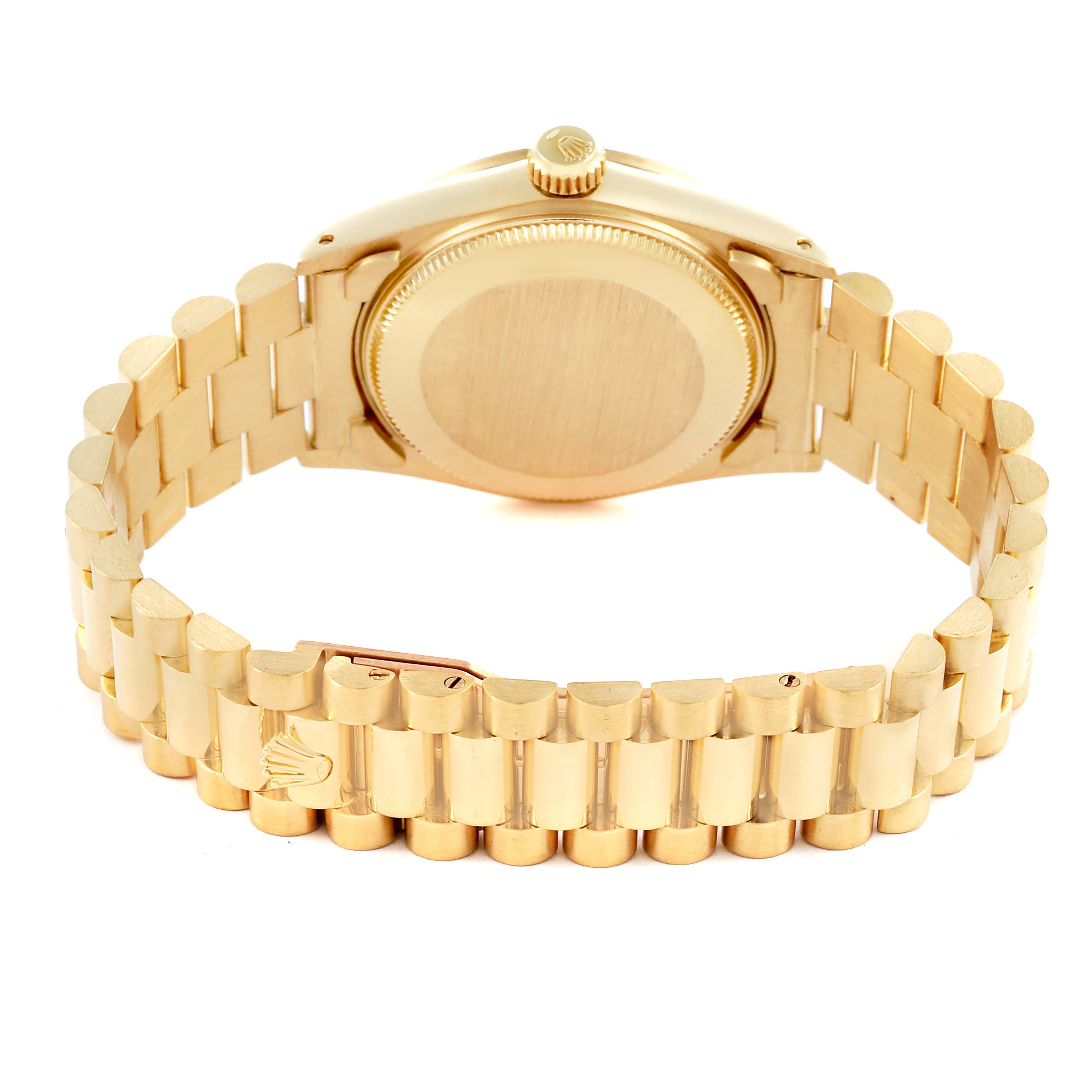 The image shows the back and bracelet of a Rolex President 6824 Women's Yellow Gold White Dial 6824 Women's Yellow Gold White Dial model, featuring a gold link design.