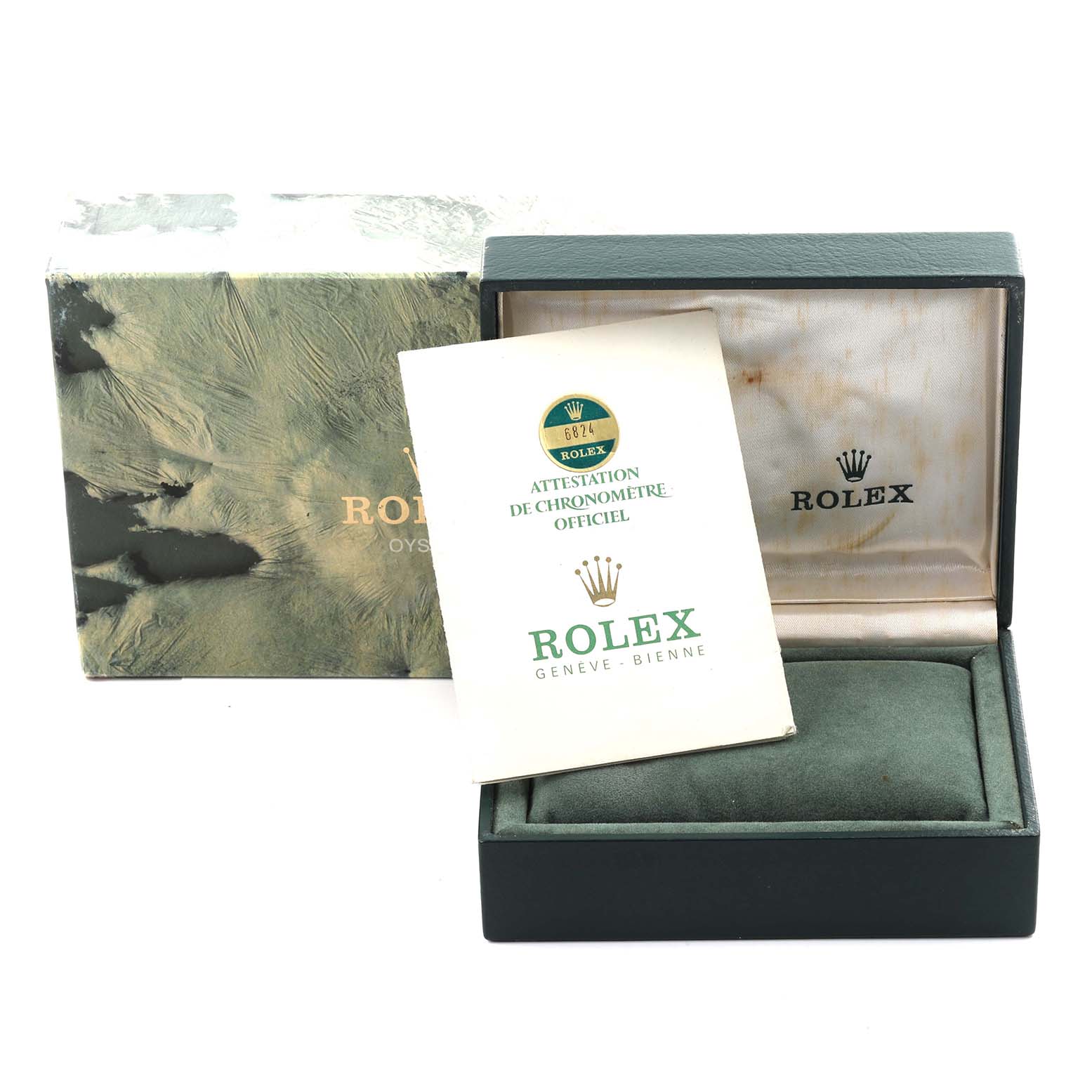 The image shows a Rolex President 6824 Women's Yellow Gold White Dial 6824 Women's Yellow Gold White Dial model box, outer box, and a certificate, viewed from the front.