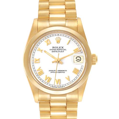 The Rolex President watch is shown from a top view, displaying its face, bezel, and part of the bracelet.