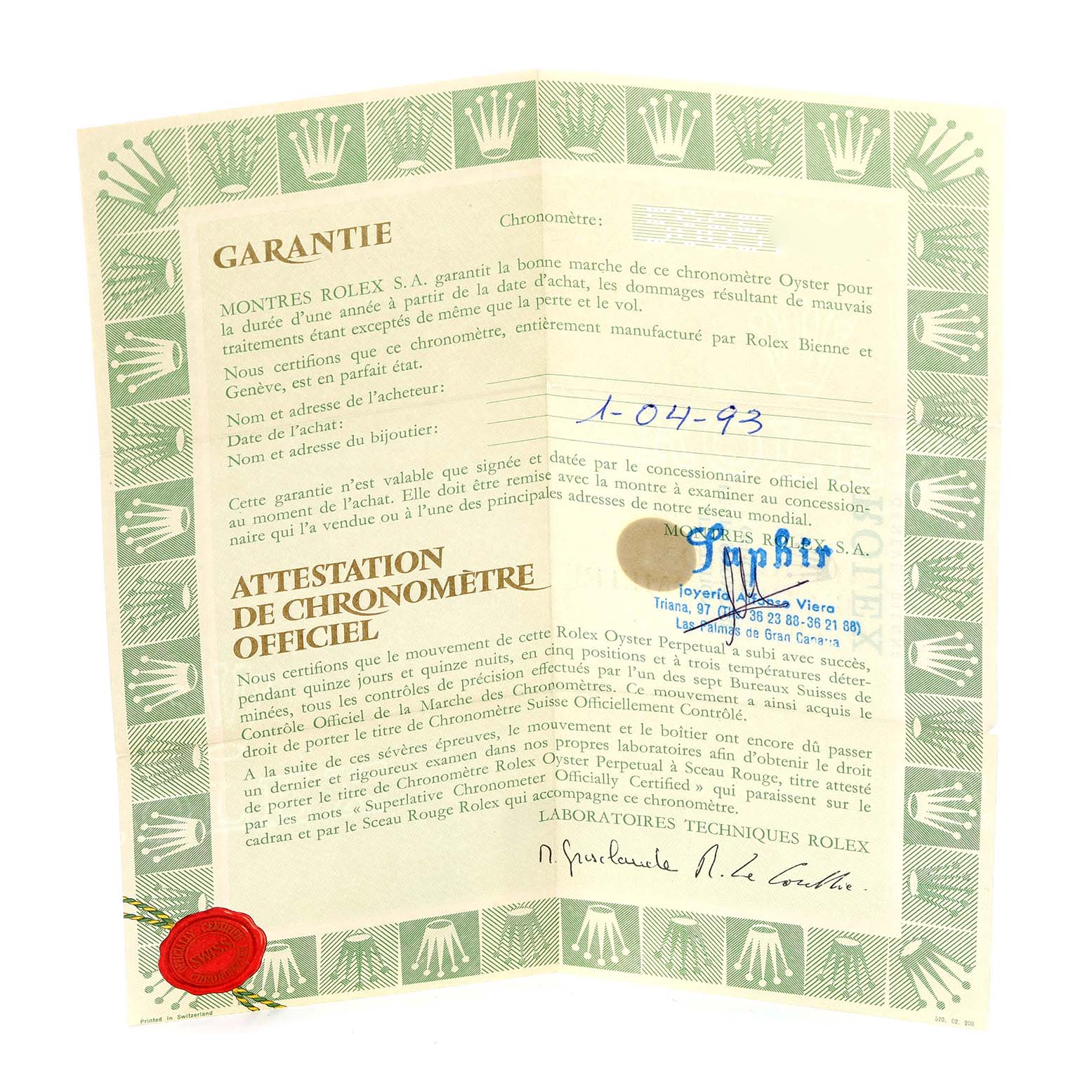 The image shows the warranty and chronometer certificate for a Rolex President 6824 Women's Yellow Gold White Dial 6824 Women's Yellow Gold White Dial model watch.