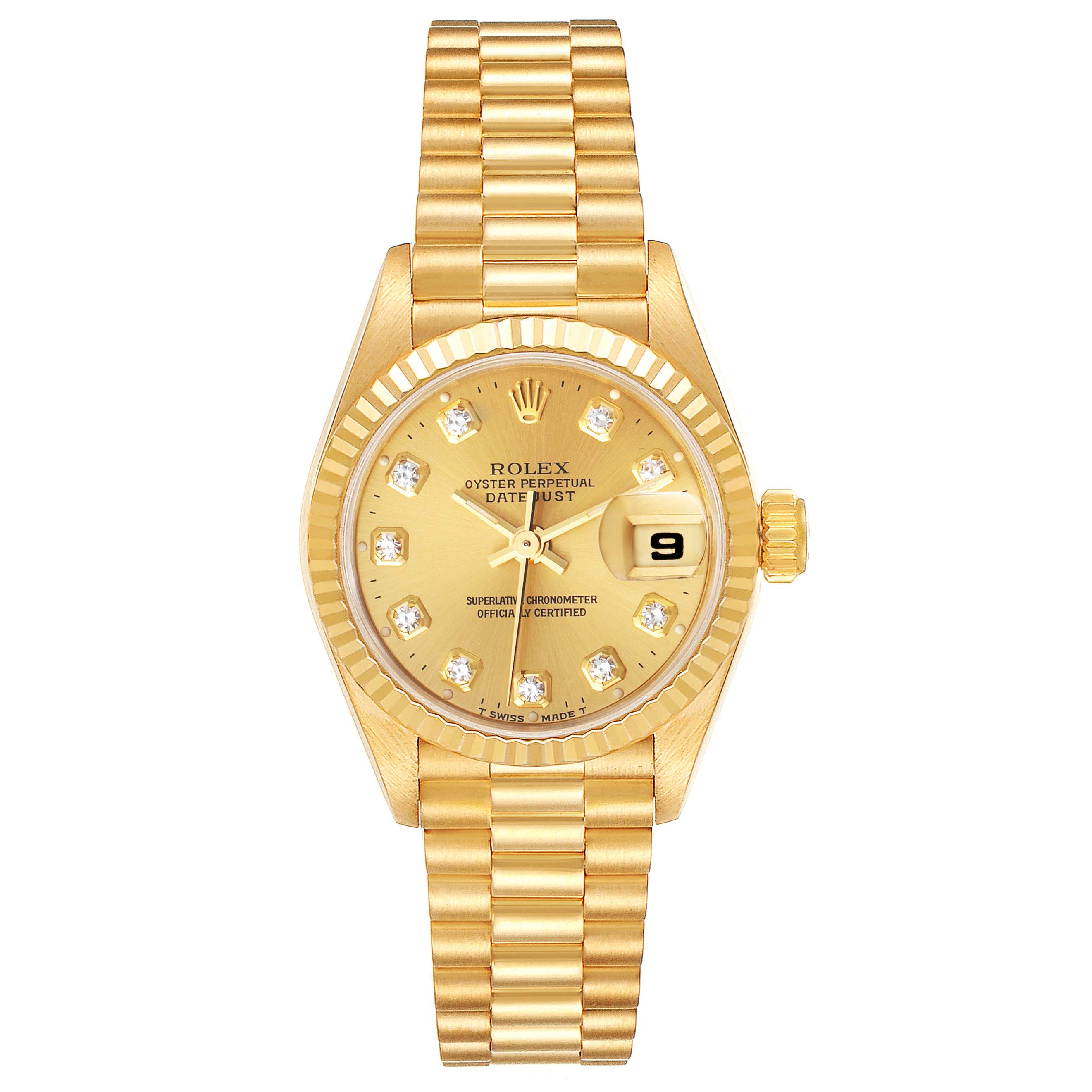 The image shows a front view of the Rolex President 69178 Women
s Yellow Gold Champagne Dial 69178 Women
s Yellow Gold Champagne Dial model watch, highlighting its gold bracelet and diamond-encrusted dial.