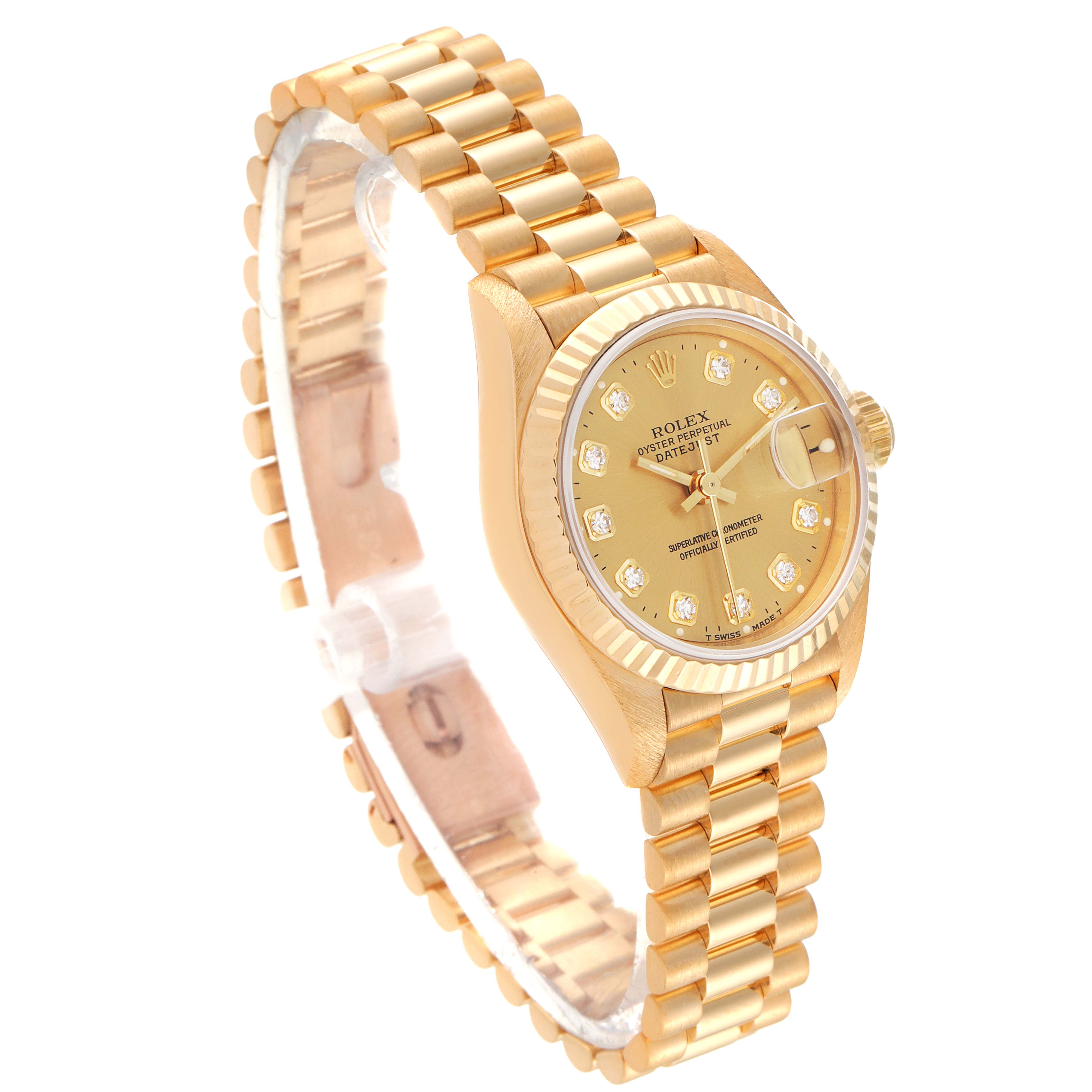 The image shows a gold Rolex President 69178 Women
s Yellow Gold Champagne Dial 69178 Women
s Yellow Gold Champagne Dial model watch at an angled view, highlighting its bracelet, case, and dial.