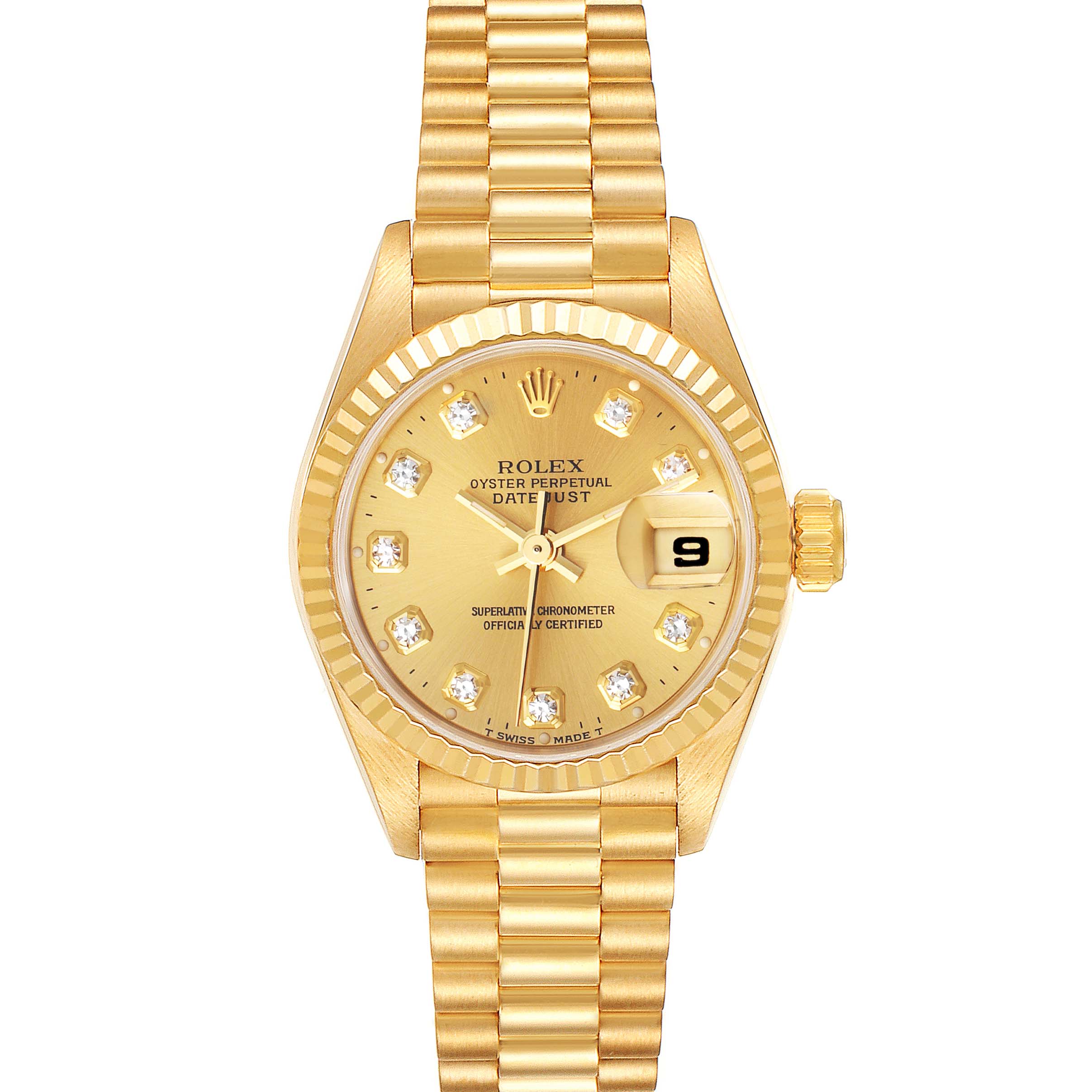 The image shows a Rolex President 69178 Women
s Yellow Gold Champagne Dial 69178 Women
s Yellow Gold Champagne Dial model watch with a gold face, fluted bezel, and bracelet, viewed from the front.