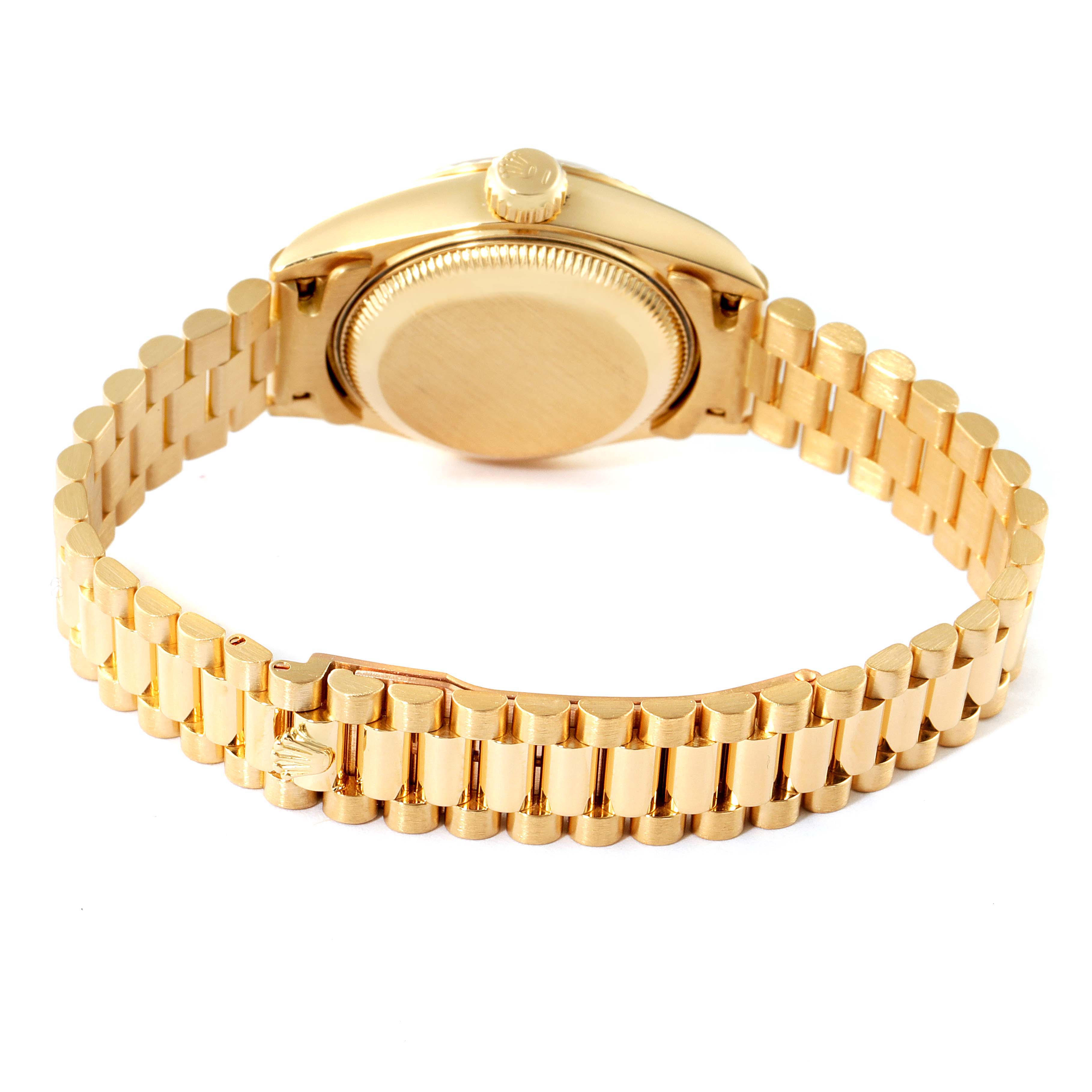 The image shows the back and bracelet of a Rolex President 69178 Women
s Yellow Gold Champagne Dial 69178 Women
s Yellow Gold Champagne Dial model watch, highlighting the case back and gold link bracelet.