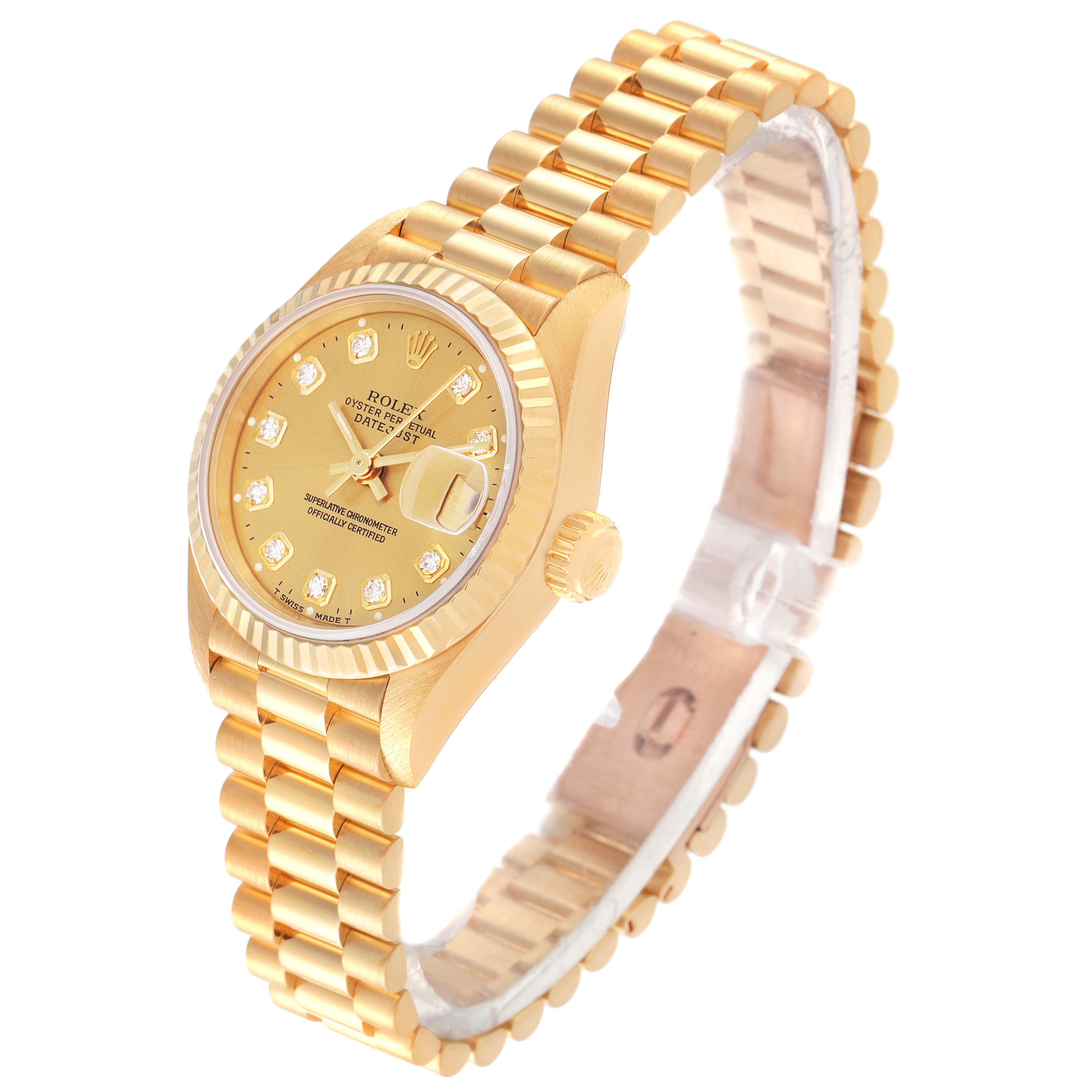 The Rolex President 69178 Women
s Yellow Gold Champagne Dial 69178 Women
s Yellow Gold Champagne Dial model watch is shown at a three-quarter angle, displaying the face, bezel, crown, and bracelet.