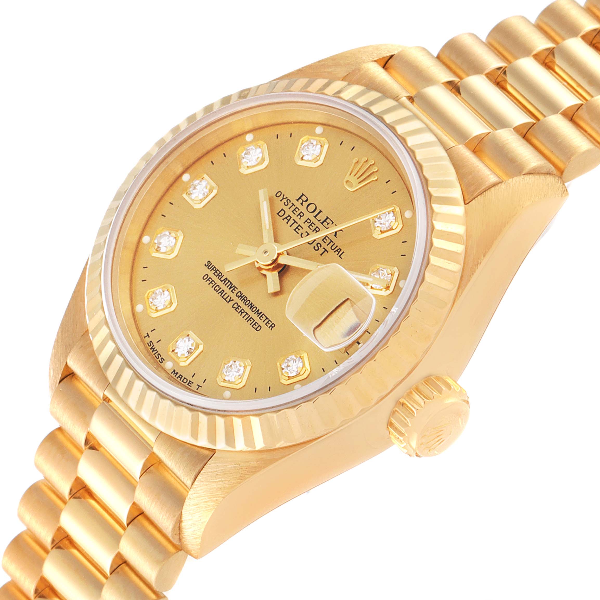 This image displays the face, bezel, and part of the band of a Rolex President 69178 Women
s Yellow Gold Champagne Dial 69178 Women
s Yellow Gold Champagne Dial model watch from an angled perspective.