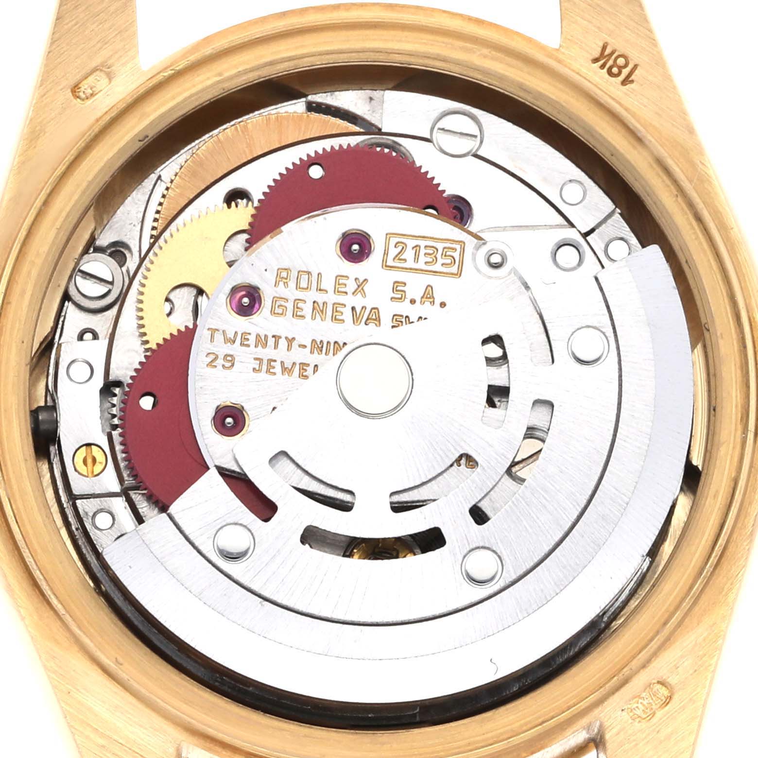 The image shows the internal movement of a Rolex President 69178 Women's Yellow Gold Champagne Dial 69178 Women's Yellow Gold Champagne Dial watch from a back angle, highlighting gears and components.