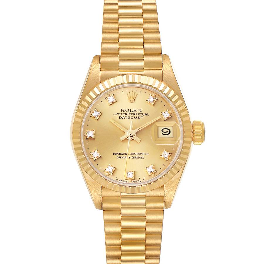 The Rolex President model is shown from a top-down angle, displaying the full dial, bezel, bracelet, and crown.