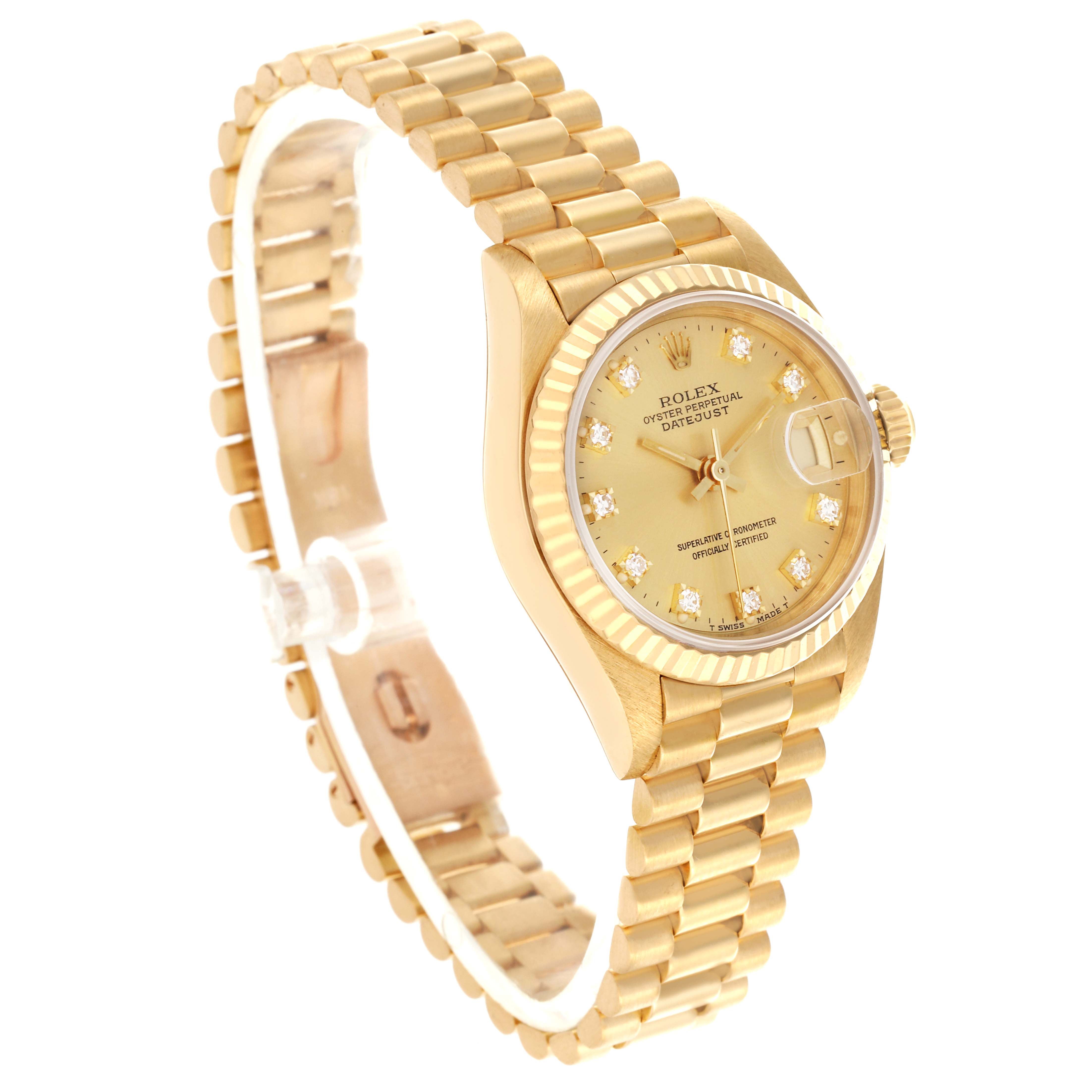 The Rolex President 69178 Women's Yellow Gold Champagne Dial 69178 Women's Yellow Gold Champagne Dial model watch is shown from a high side angle, displaying its bracelet, dial, and crown.