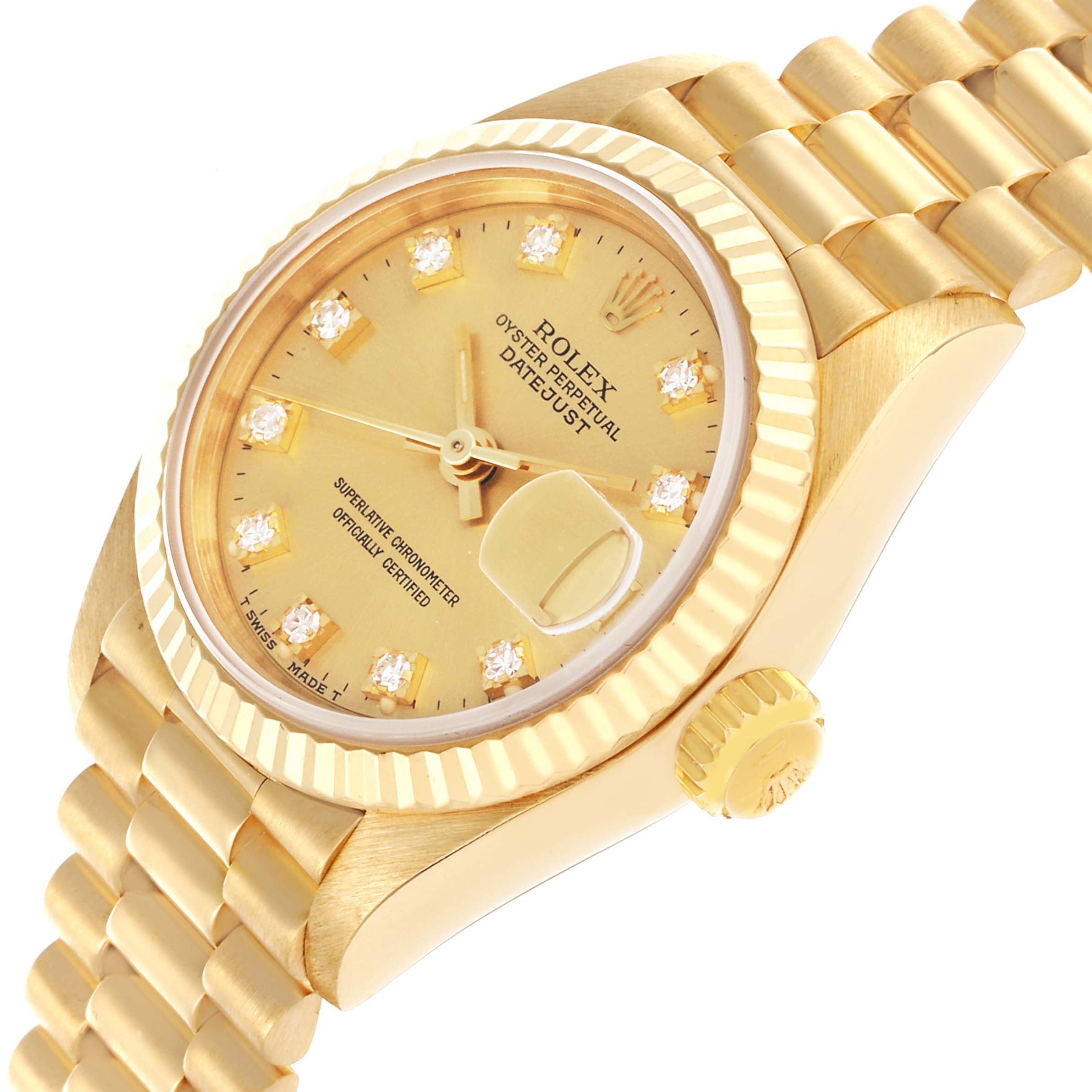 The Rolex President 69178 Women's Yellow Gold Champagne Dial 69178 Women's Yellow Gold Champagne Dial watch is shown at an angled view, displaying its dial, crown, and part of the bracelet.