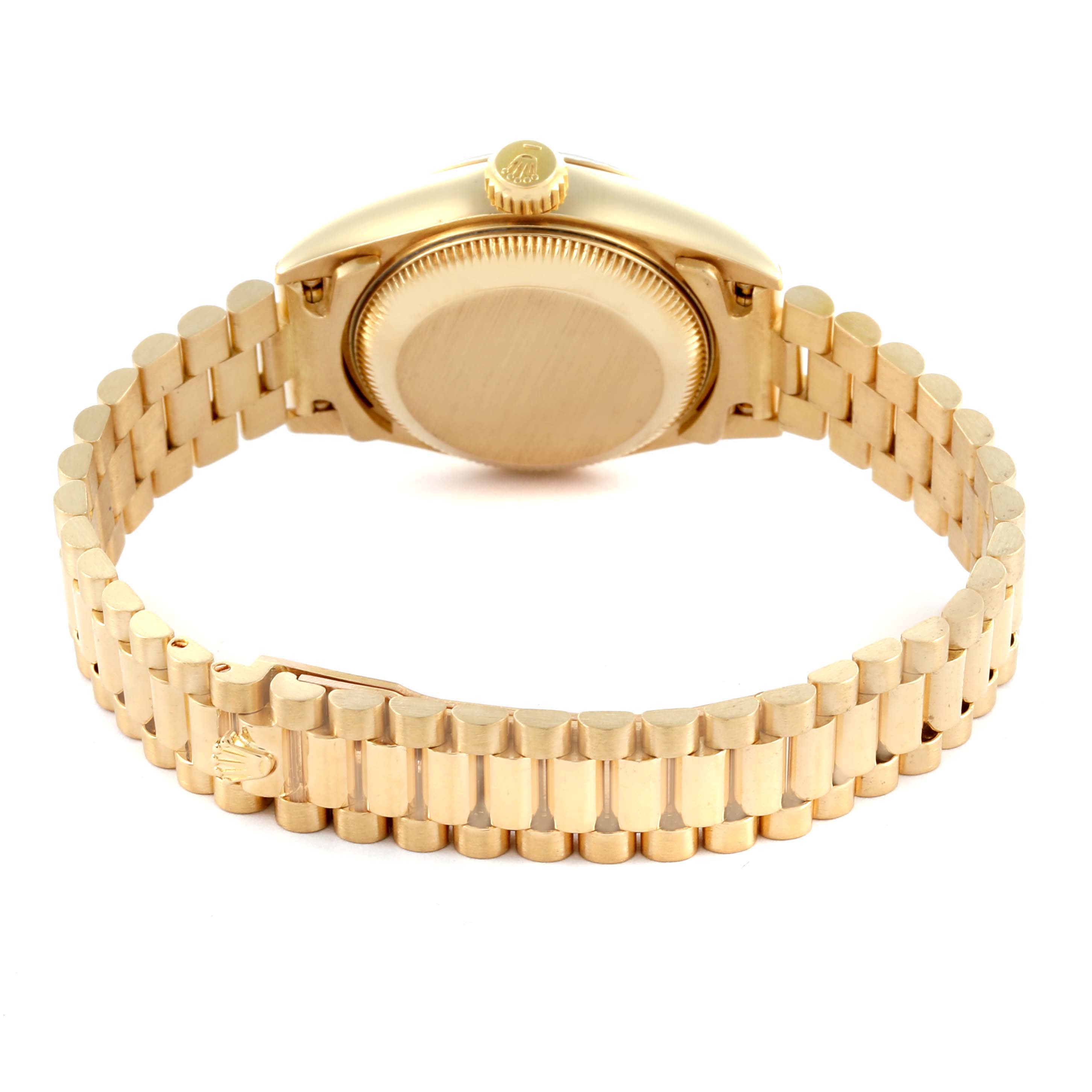 The Rolex President 69178 Women's Yellow Gold Champagne Dial 69178 Women's Yellow Gold Champagne Dial model is shown from the back, highlighting its case, crown, and bracelet.