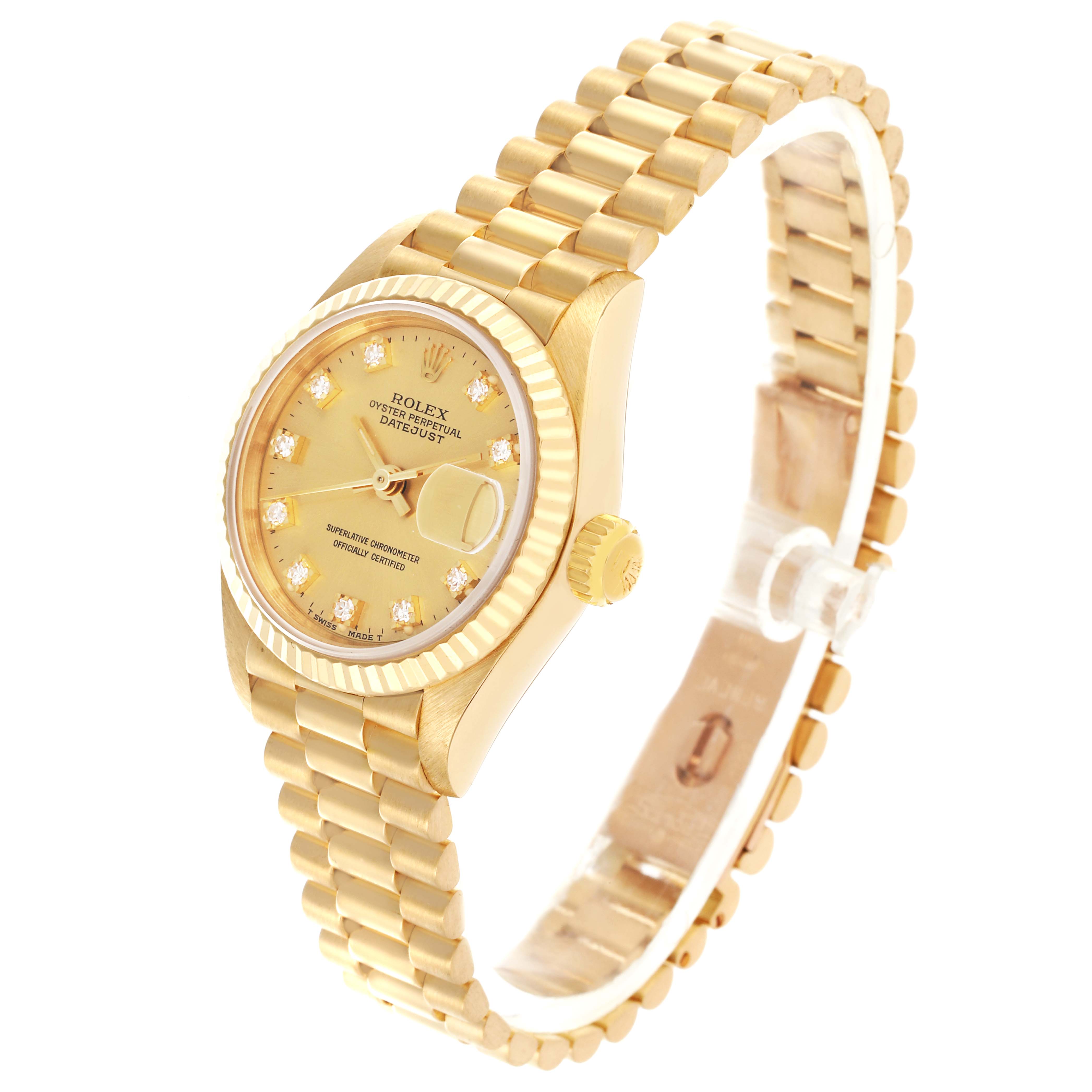 The Rolex President 69178 Women's Yellow Gold Champagne Dial 69178 Women's Yellow Gold Champagne Dial model is shown at a three-quarter angle, highlighting the dial, bezel, crown, and bracelet.