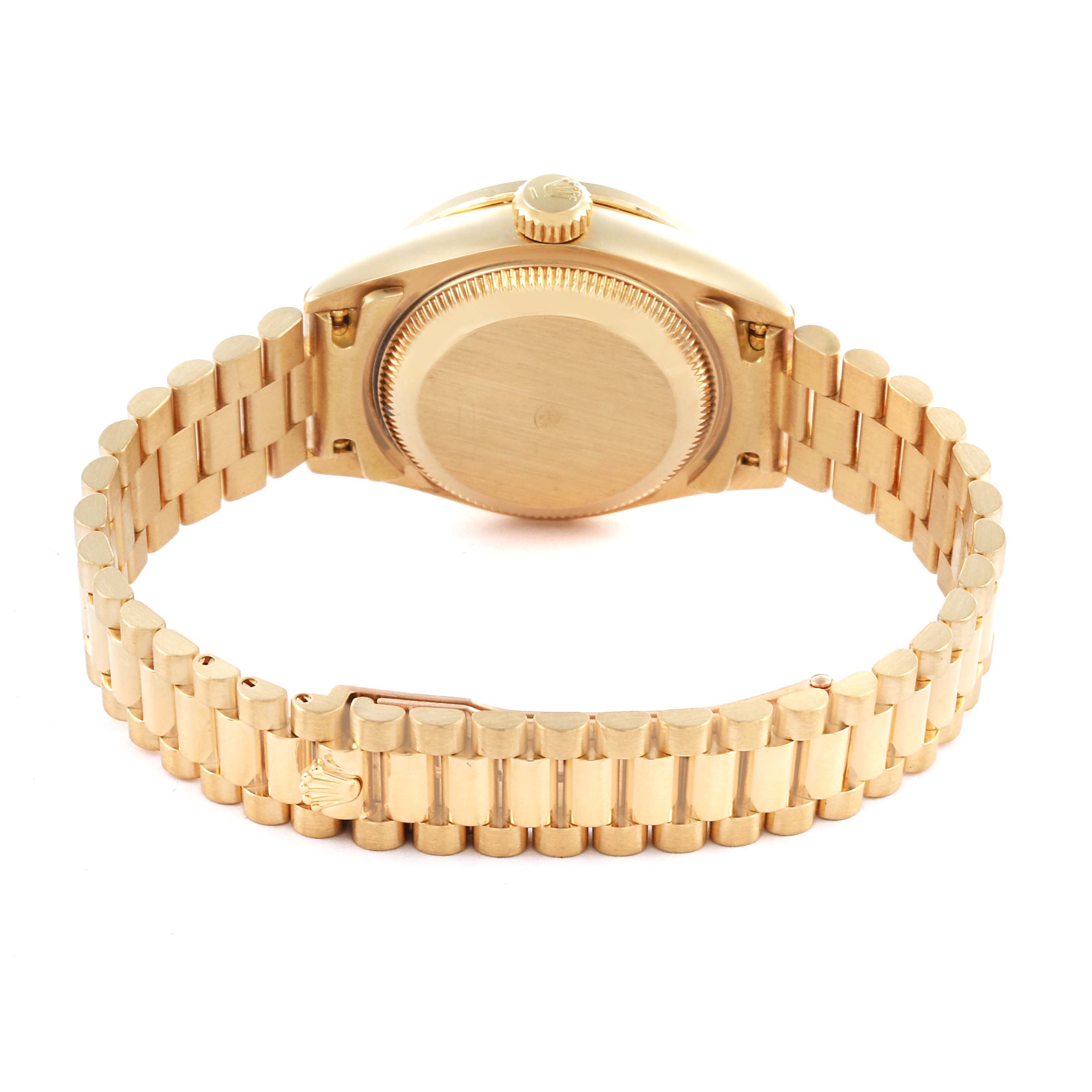 The image shows the case back and bracelet of the Rolex President 69138 Women's Yellow Gold Champagne Dial 69138 Women's Yellow Gold Champagne Dial model from a rear angle.