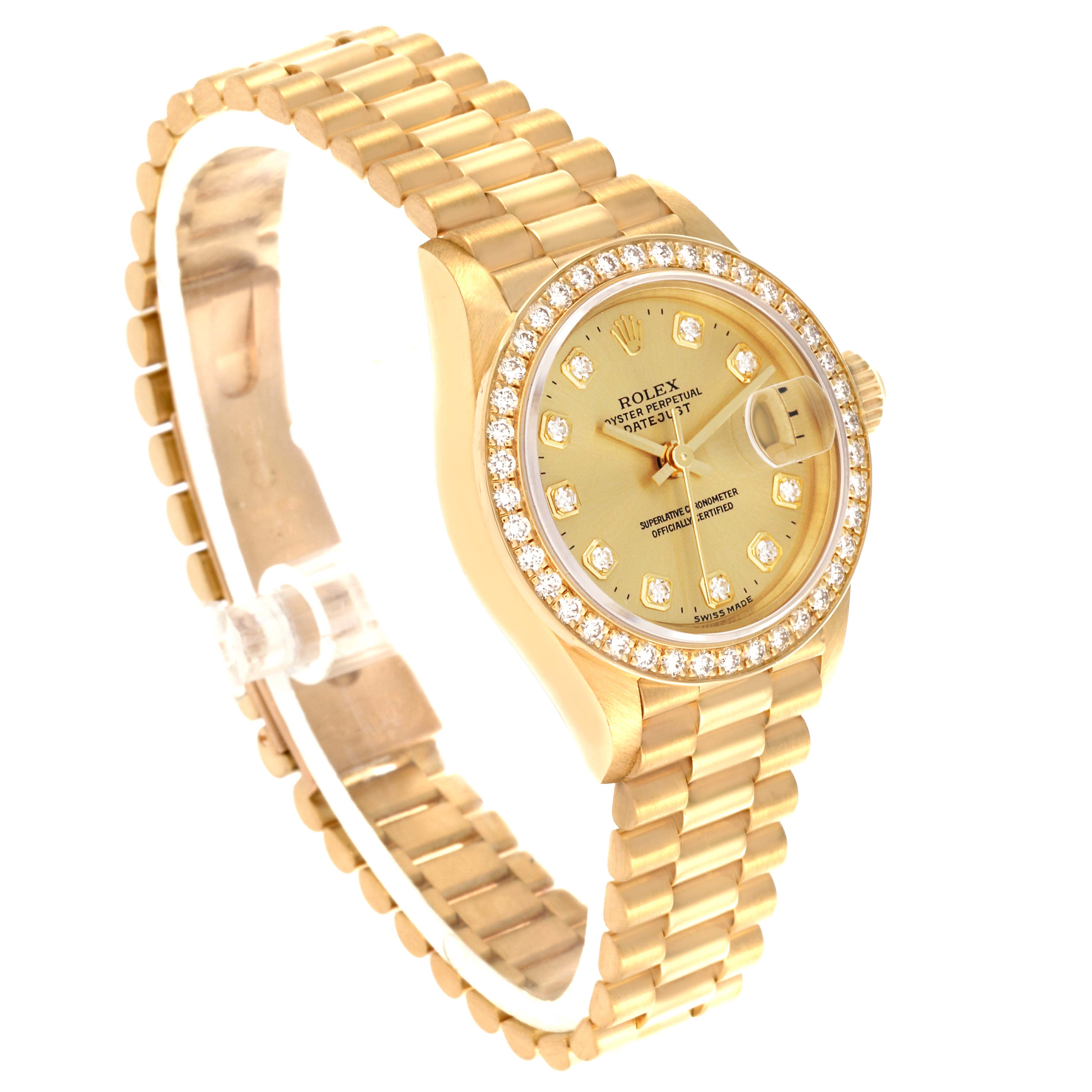 The Rolex President 69138 Women's Yellow Gold Champagne Dial 69138 Women's Yellow Gold Champagne Dial model is shown at an angled view, highlighting the gold band and diamond-encrusted bezel.