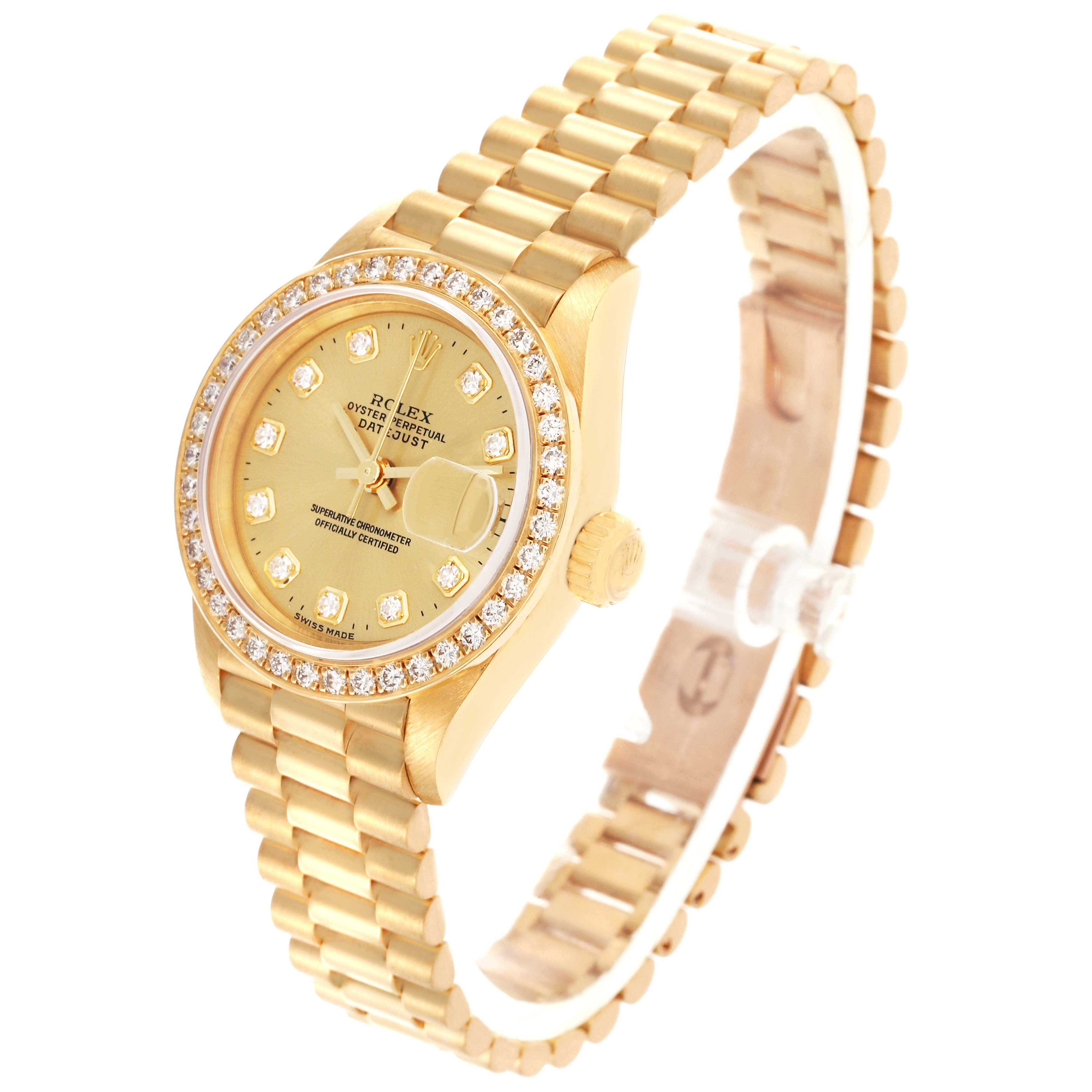 The Rolex President 69138 Women's Yellow Gold Champagne Dial 69138 Women's Yellow Gold Champagne Dial watch is shown at a three-quarter angle, highlighting the gold case, diamond bezel, and bracelet.