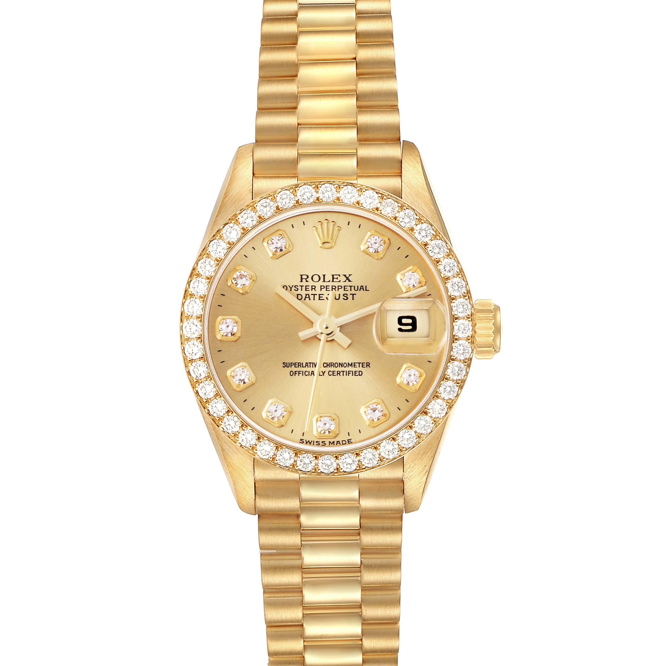 The Rolex President 69138 Women's Yellow Gold Champagne Dial 69138 Women's Yellow Gold Champagne Dial model is shown from a top view, highlighting the diamond bezel, gold dial, and bracelet.