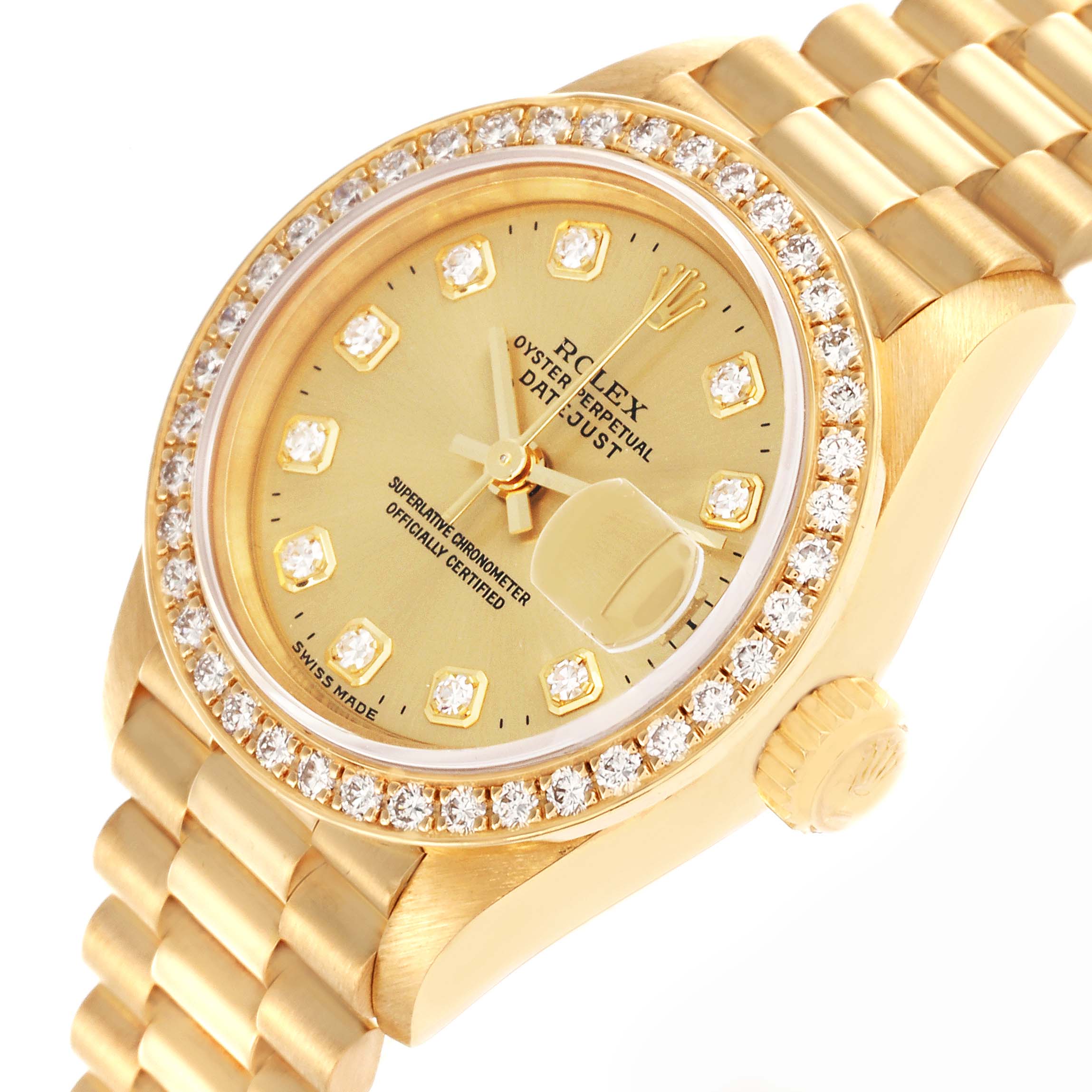 The Rolex President 69138 Women's Yellow Gold Champagne Dial 69138 Women's Yellow Gold Champagne Dial model watch is shown at an angle displaying the face, bezel, bracelet, and crown.