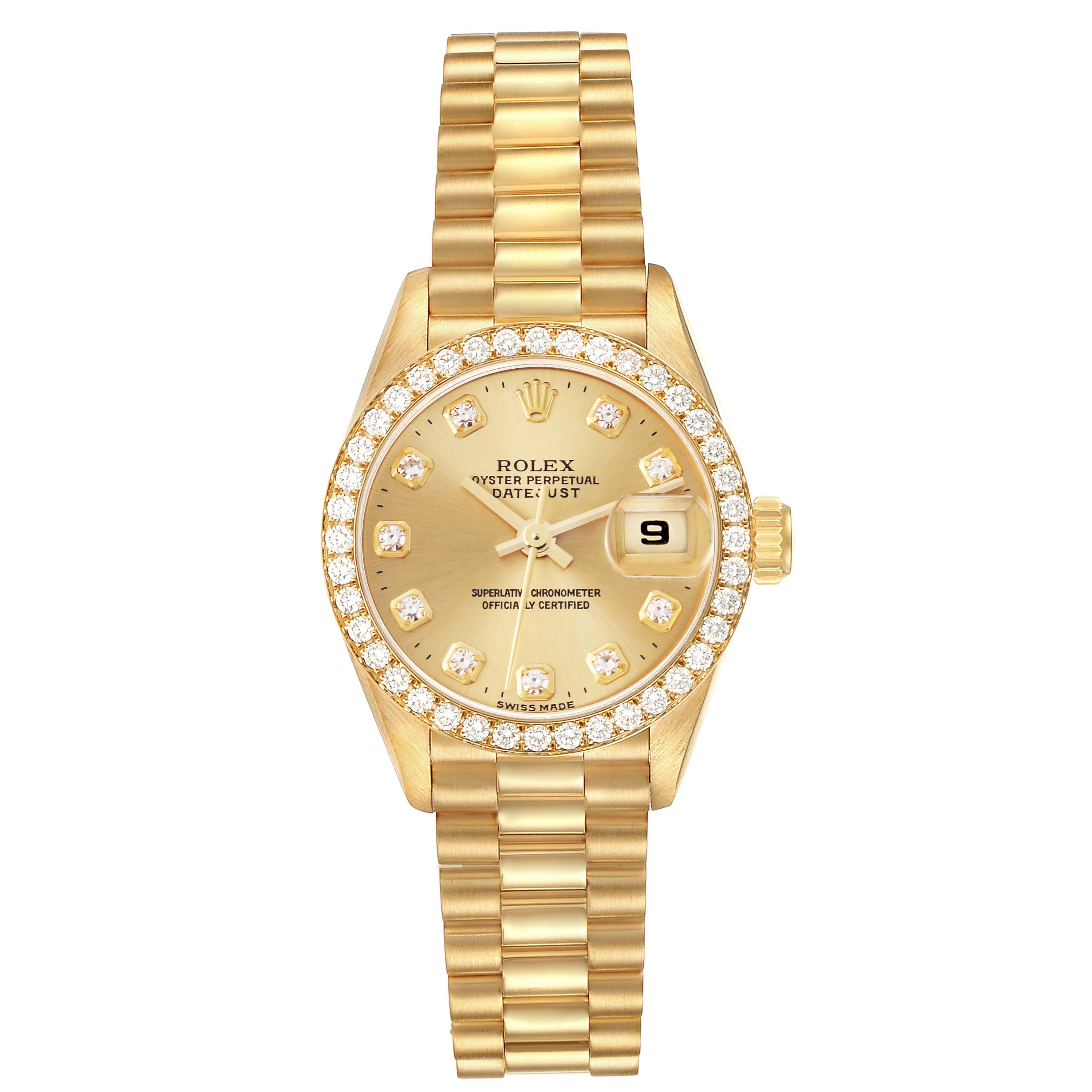 The Rolex President 69138 Women's Yellow Gold Champagne Dial 69138 Women's Yellow Gold Champagne Dial model is shown from the front, displaying the gold dial, diamond bezel, and bracelet.