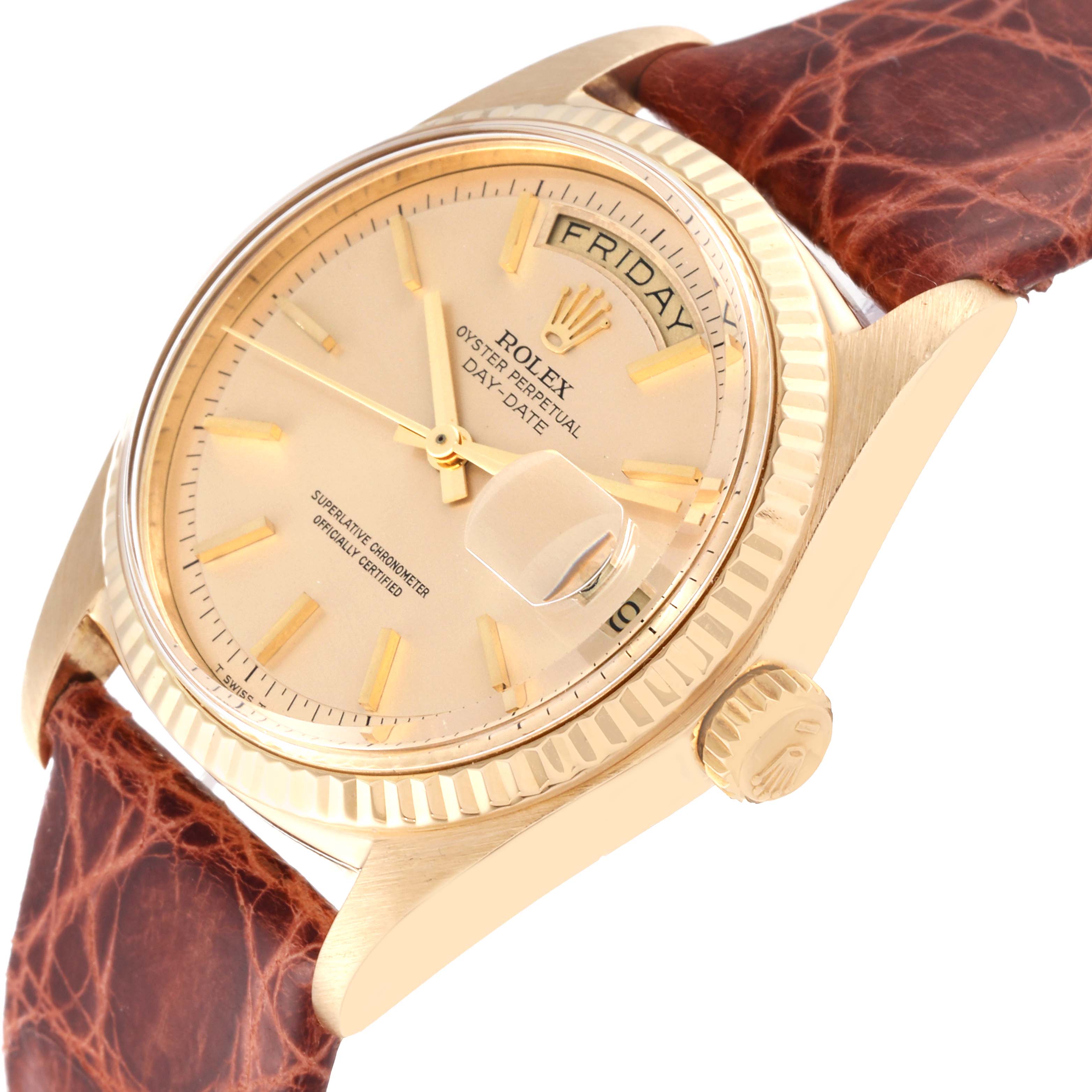 The image shows a close-up angled view of the Rolex President 1803 Men
s Yellow Gold Champagne Dial 1803 Men
s Yellow Gold Champagne Dial watch, featuring its dial, crown, and leather strap.