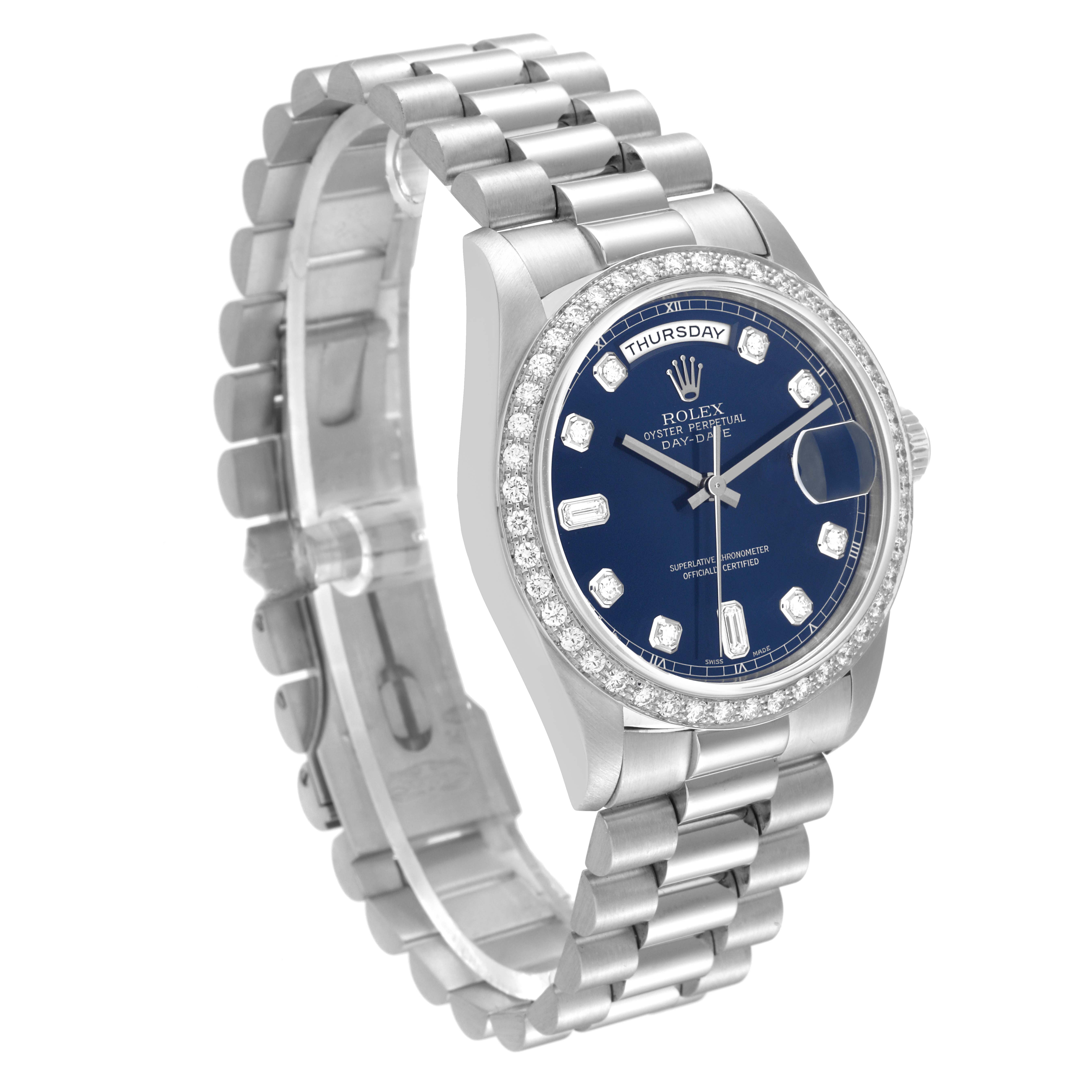 The Rolex President 18346 Men's Platinum Blue Dial 18346 Men's Platinum Blue Dial model watch is shown at an angle displaying the face, bezel, and bracelet.