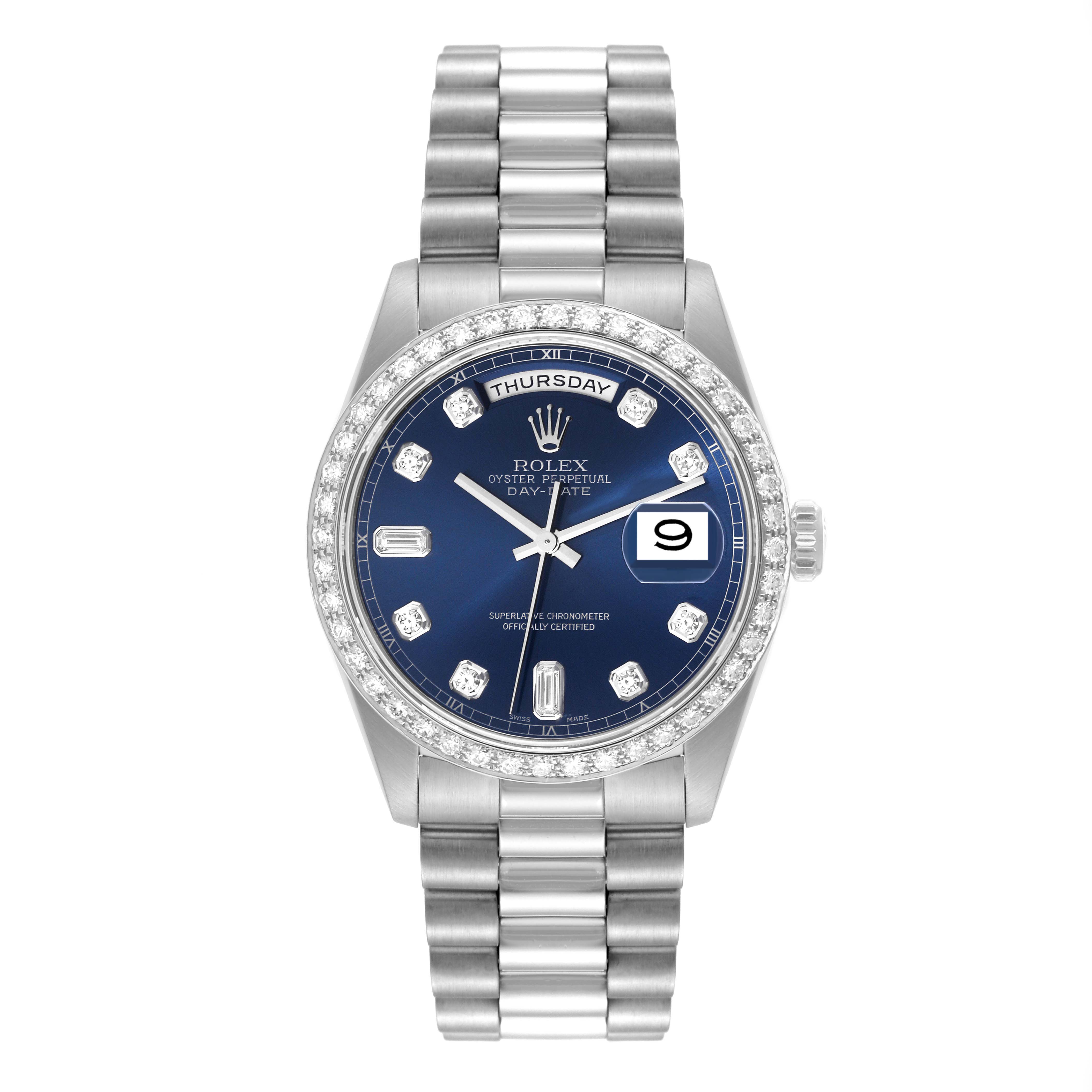 The image shows a front view of a Rolex President 18346 Men's Platinum Blue Dial 18346 Men's Platinum Blue Dial model watch featuring a blue dial, day-date display, and diamond accents.