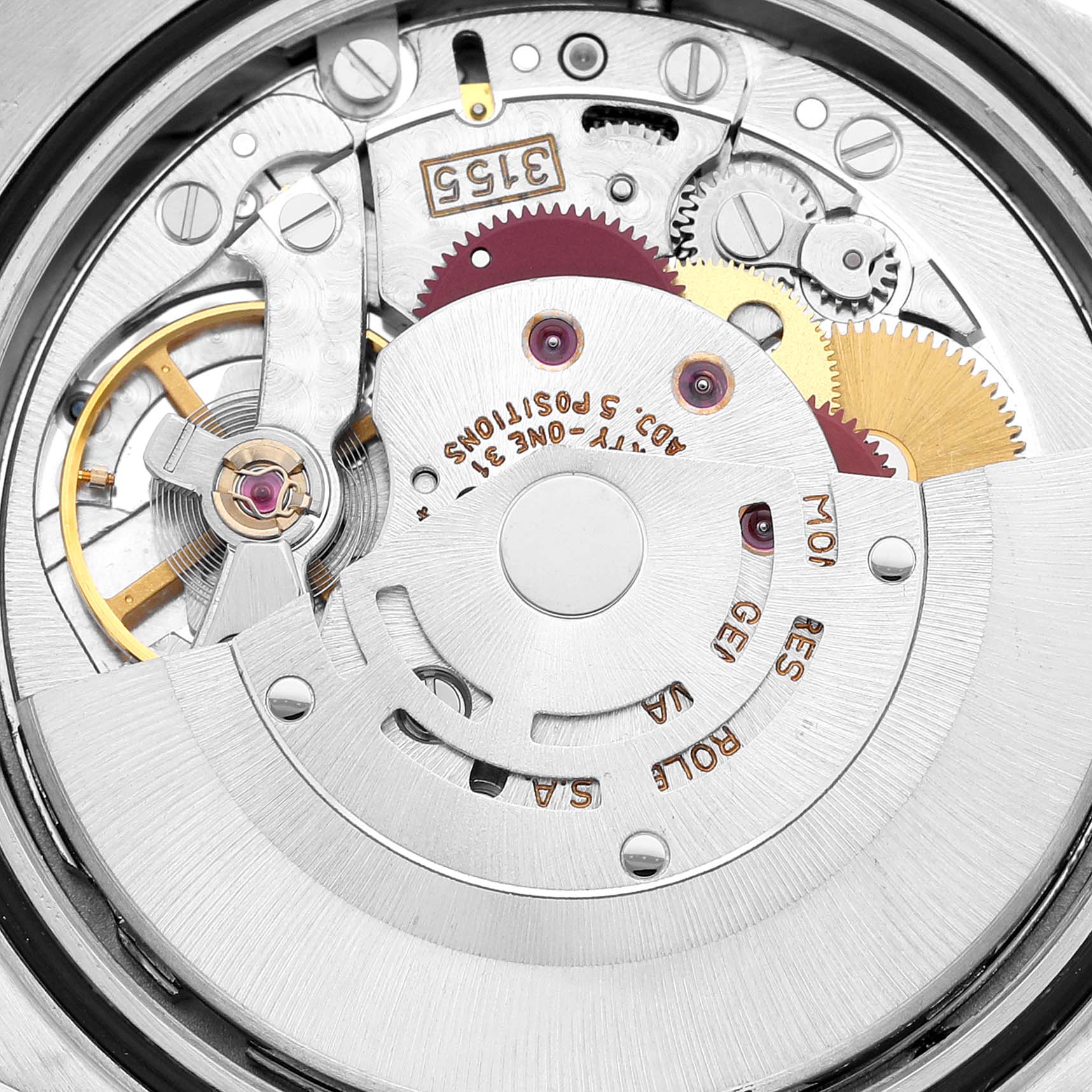 This image shows a close-up of the movement and internal mechanisms of a Rolex President 18346 Men's Platinum Blue Dial 18346 Men's Platinum Blue Dial model watch.