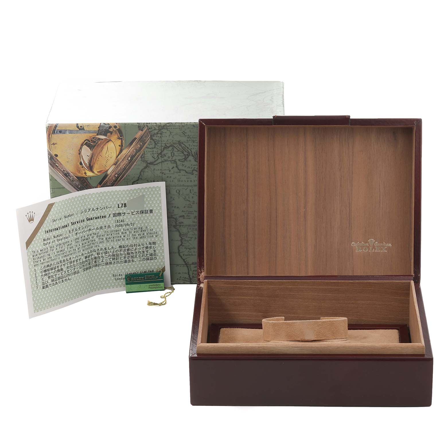 This image shows a Rolex President 18346 Men's Platinum Blue Dial 18346 Men's Platinum Blue Dial model watch box, warranty card, and outer packaging from a front angle.