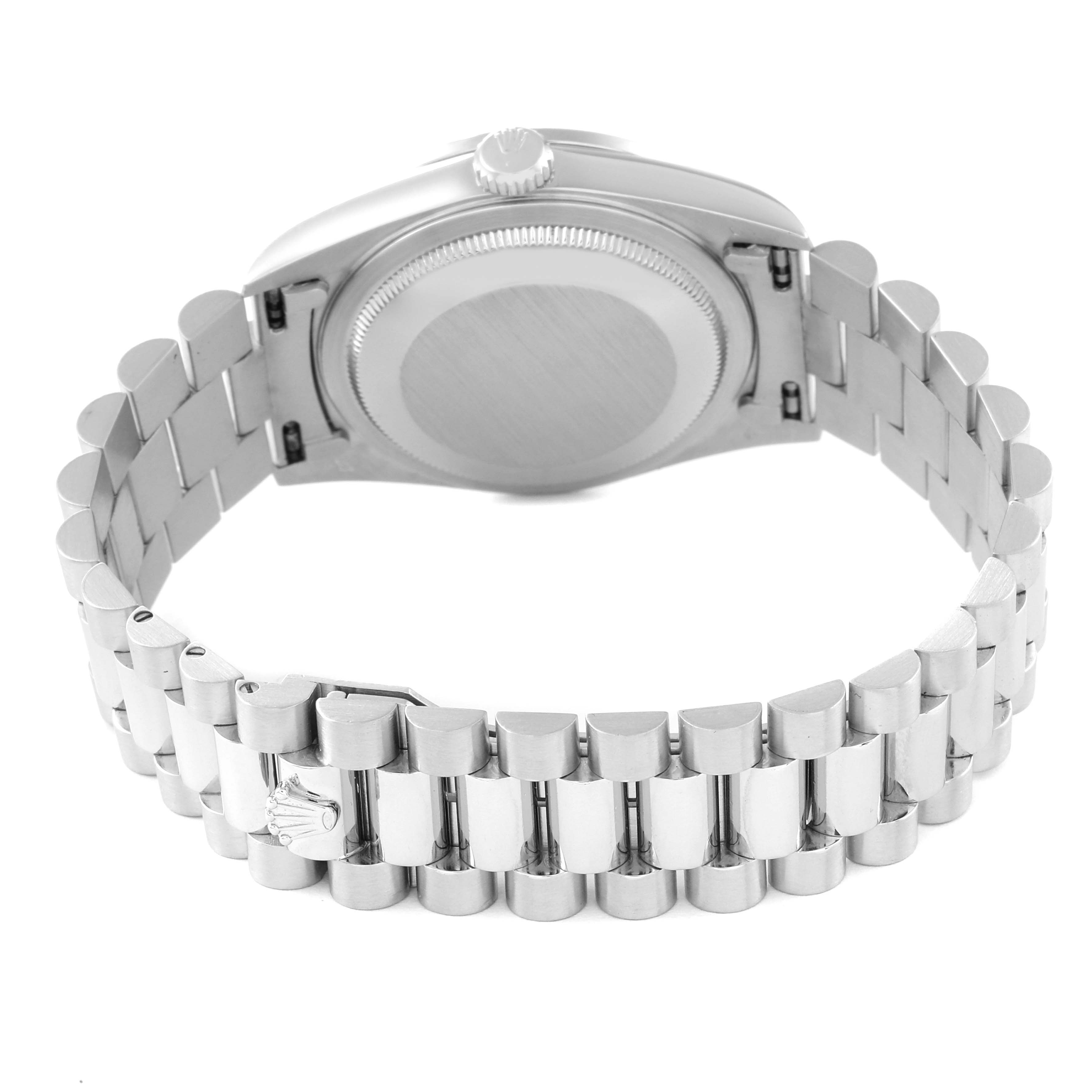 The image shows the back view and bracelet of a Rolex President 18346 Men's Platinum Blue Dial 18346 Men's Platinum Blue Dial model watch, highlighting the clasp and case back.