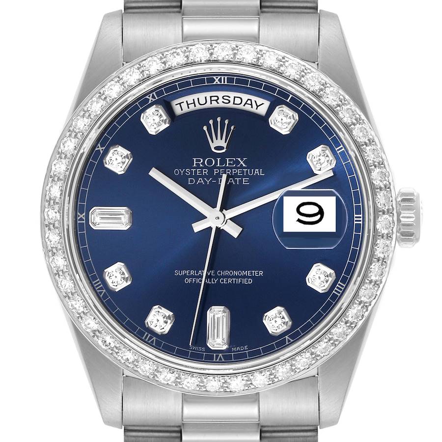 Rolex President Day-Date Blue Diamond Dial Platinum Mens Watch 18346 SwissWatchExpo