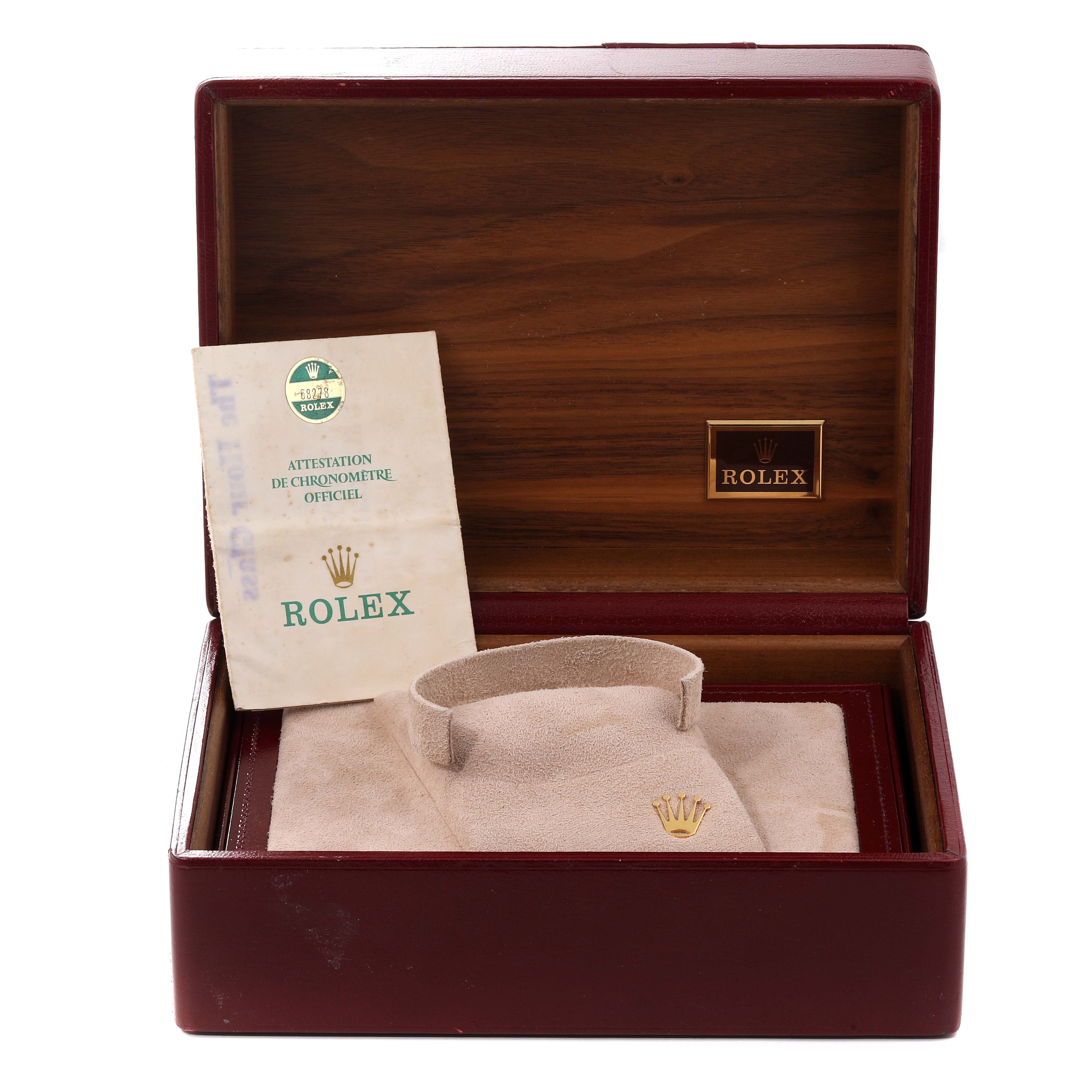 The image shows a Rolex President 68278 Women's Yellow Gold White Dial 68278 Women's Yellow Gold White Dial model watch box and certificate inside an open wooden and leather watch case.