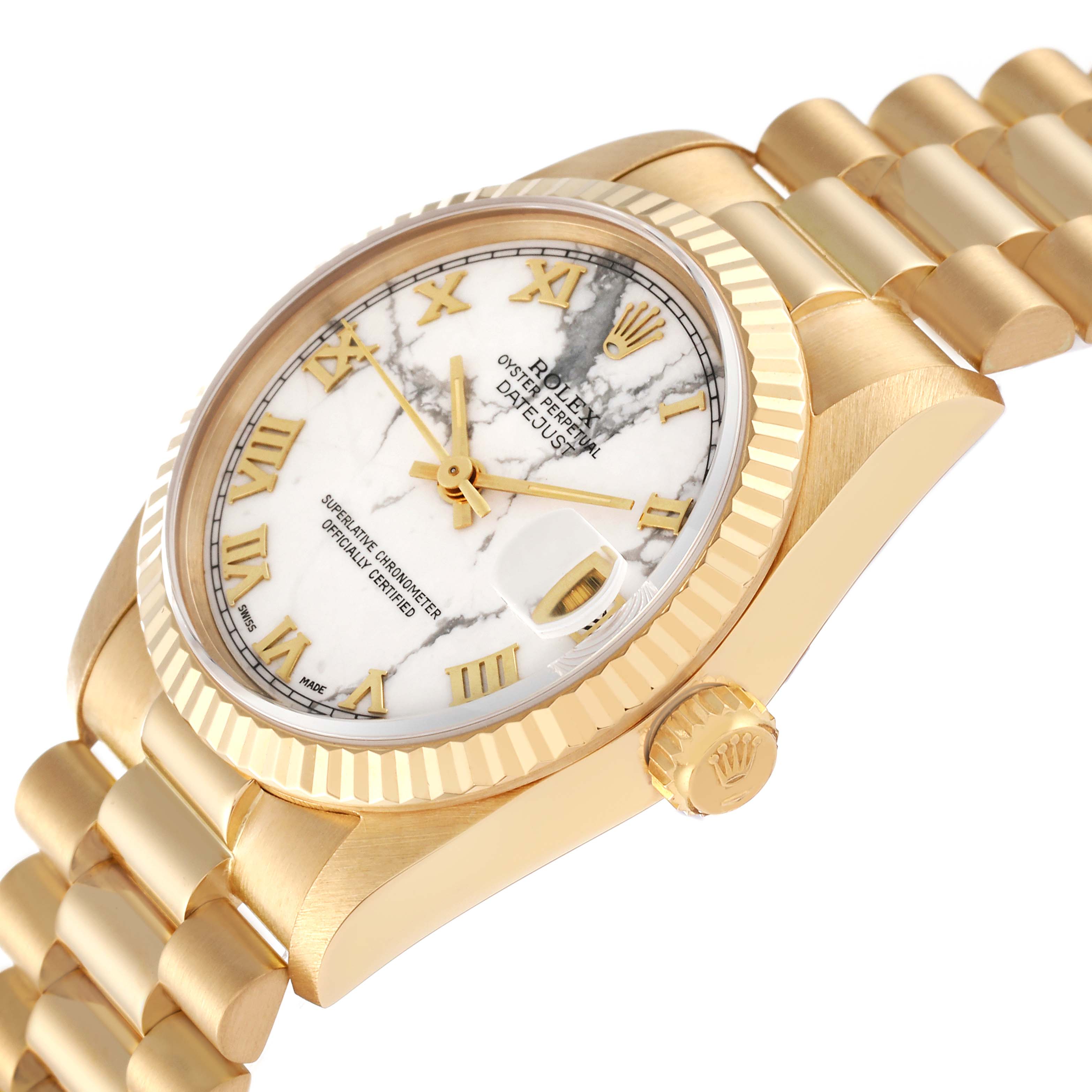 The image shows a close-up side angle of a Rolex President 68278 Women's Yellow Gold White Dial 68278 Women's Yellow Gold White Dial model watch, highlighting the dial, bezel, and part of the bracelet.