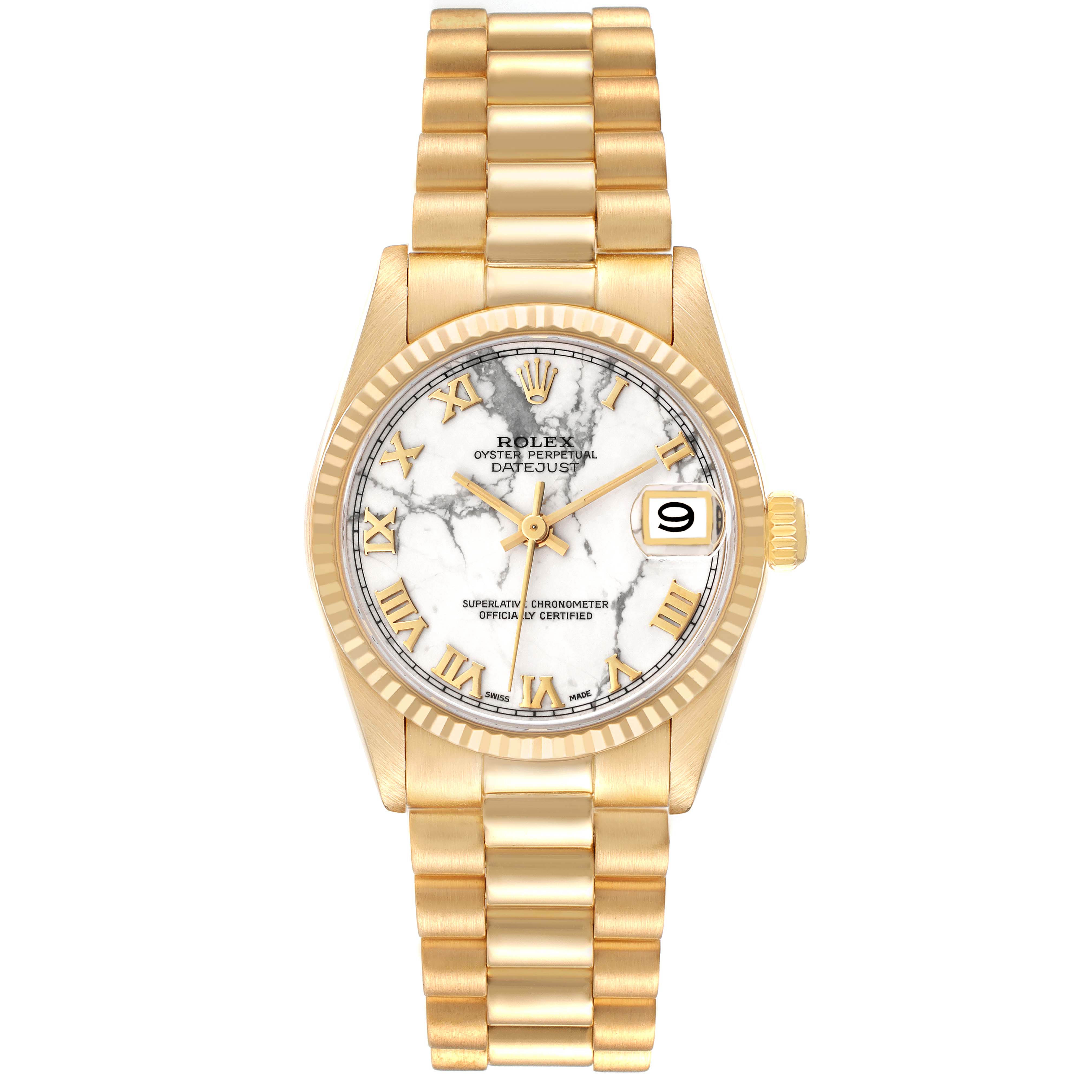 This image shows the front view of a Rolex President 68278 Women's Yellow Gold White Dial 68278 Women's Yellow Gold White Dial model watch, highlighting its dial, bracelet, and date window.
