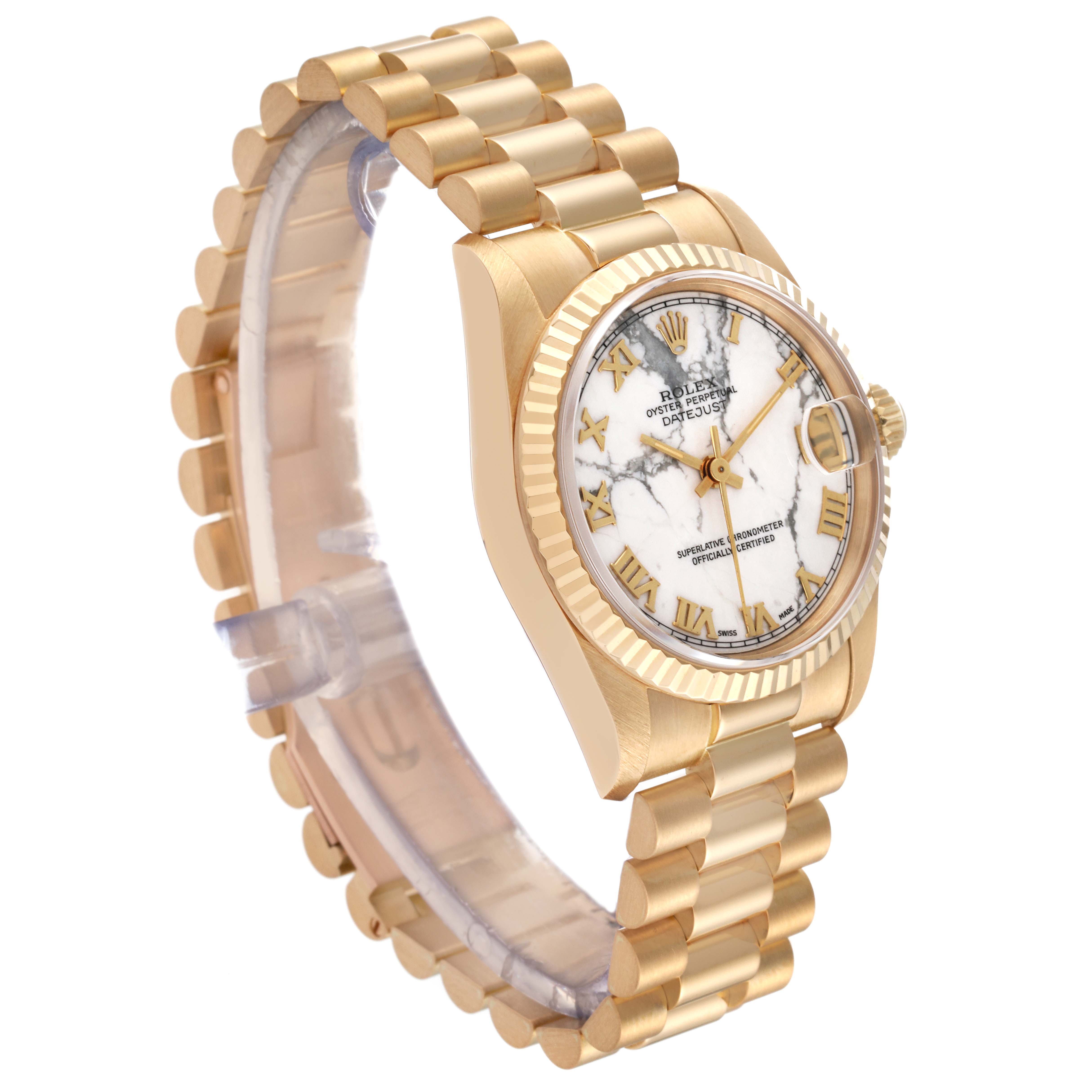 The Rolex President 68278 Women's Yellow Gold White Dial 68278 Women's Yellow Gold White Dial model watch is shown at a 3/4 angle, highlighting the marble-patterned dial, fluted bezel, and gold link bracelet.