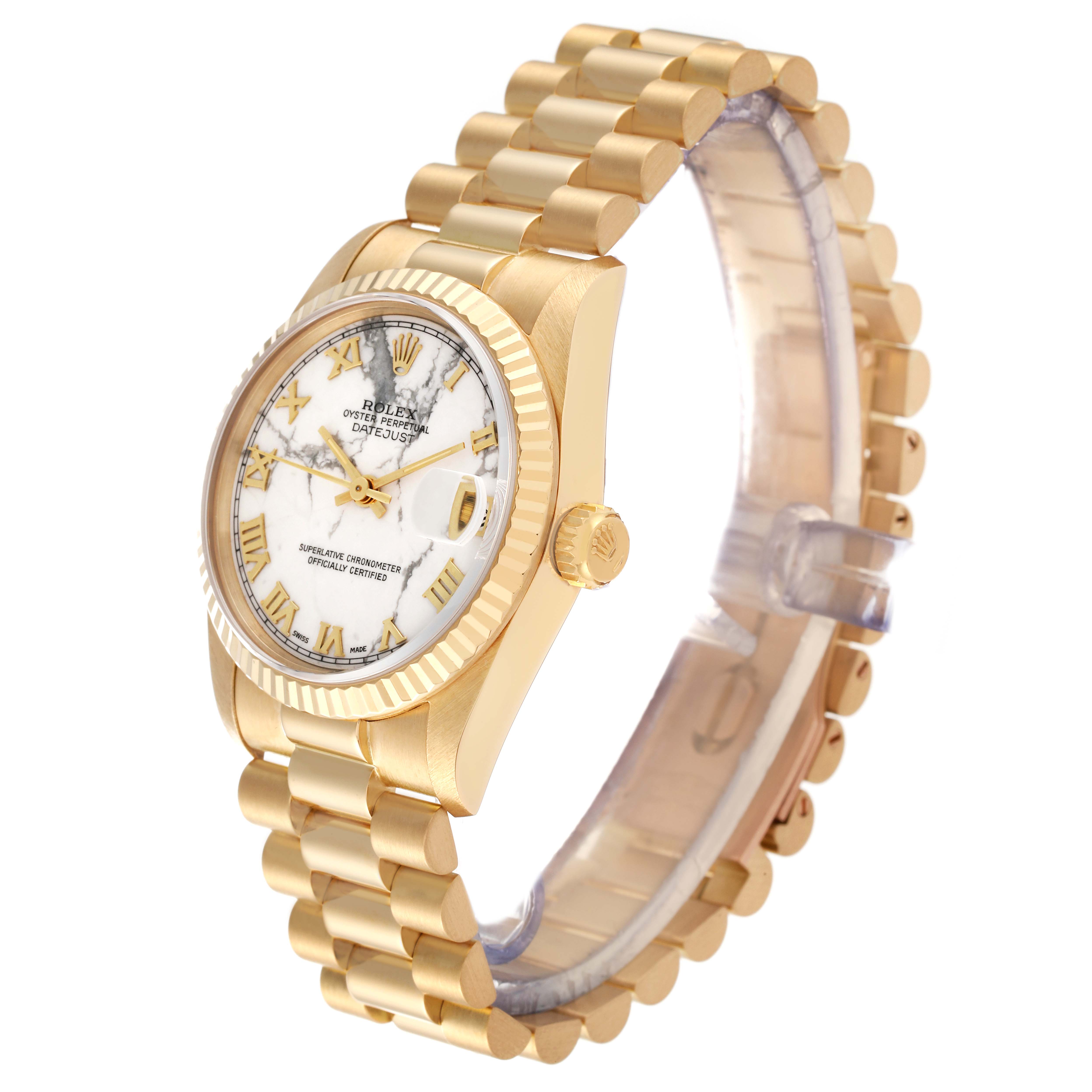 The image shows a Rolex President 68278 Women's Yellow Gold White Dial 68278 Women's Yellow Gold White Dial model watch at a 3/4 angle, highlighting its dial, bezel, crown, and bracelet.