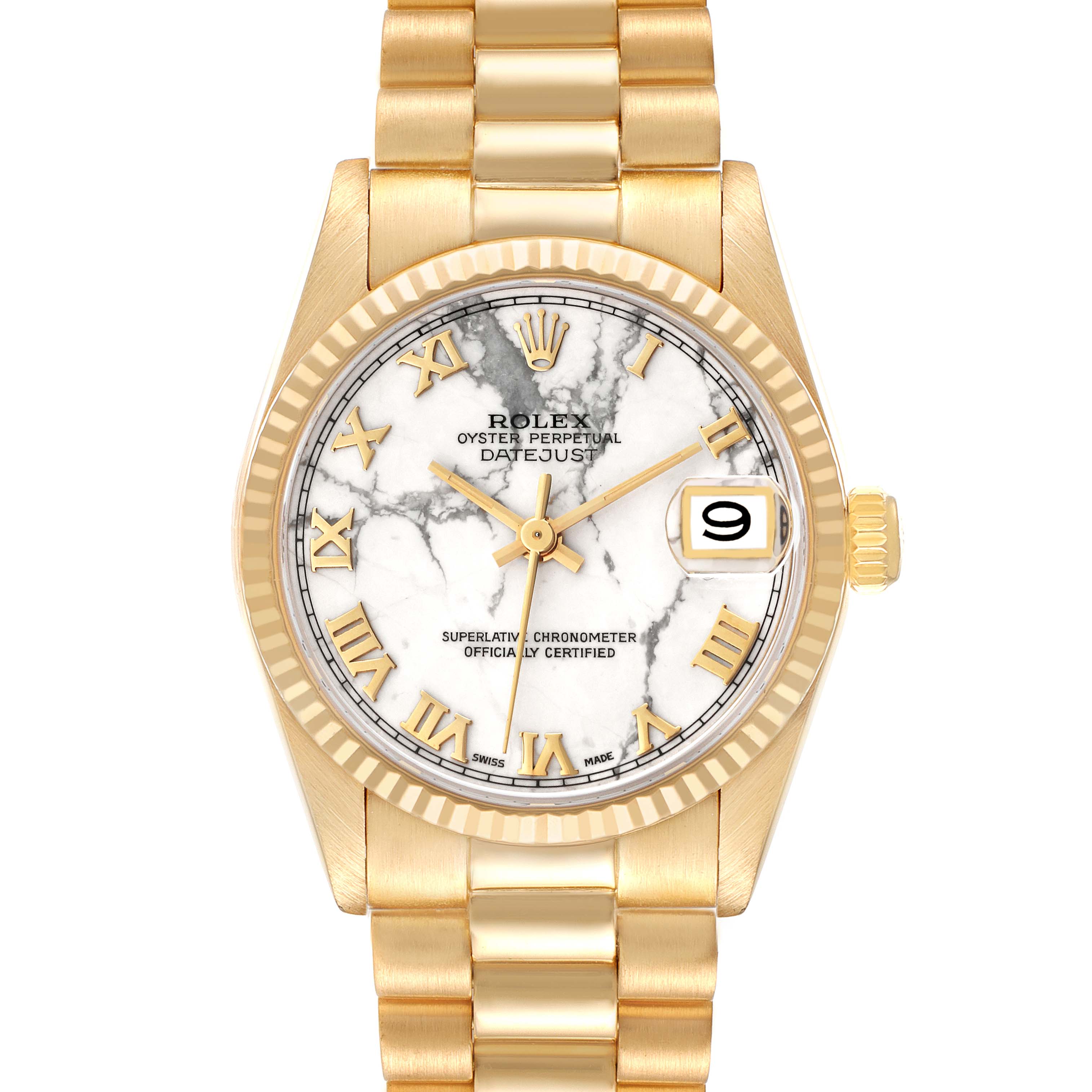 The Rolex President 68278 Women's Yellow Gold White Dial 68278 Women's Yellow Gold White Dial model watch is shown from the front, featuring its dial, hands, date display, and a portion of the band.
