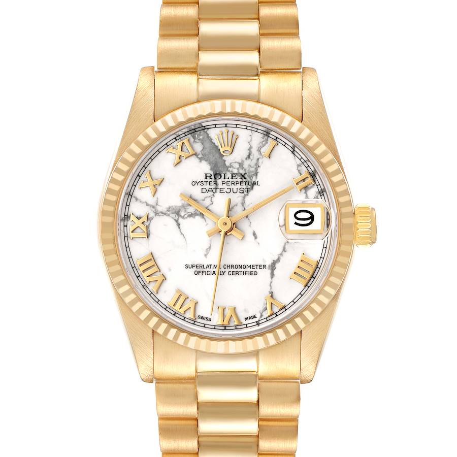 Rolex President Midsize Marble Dial Yellow Gold Ladies Watch 68278 Box Papers SwissWatchExpo