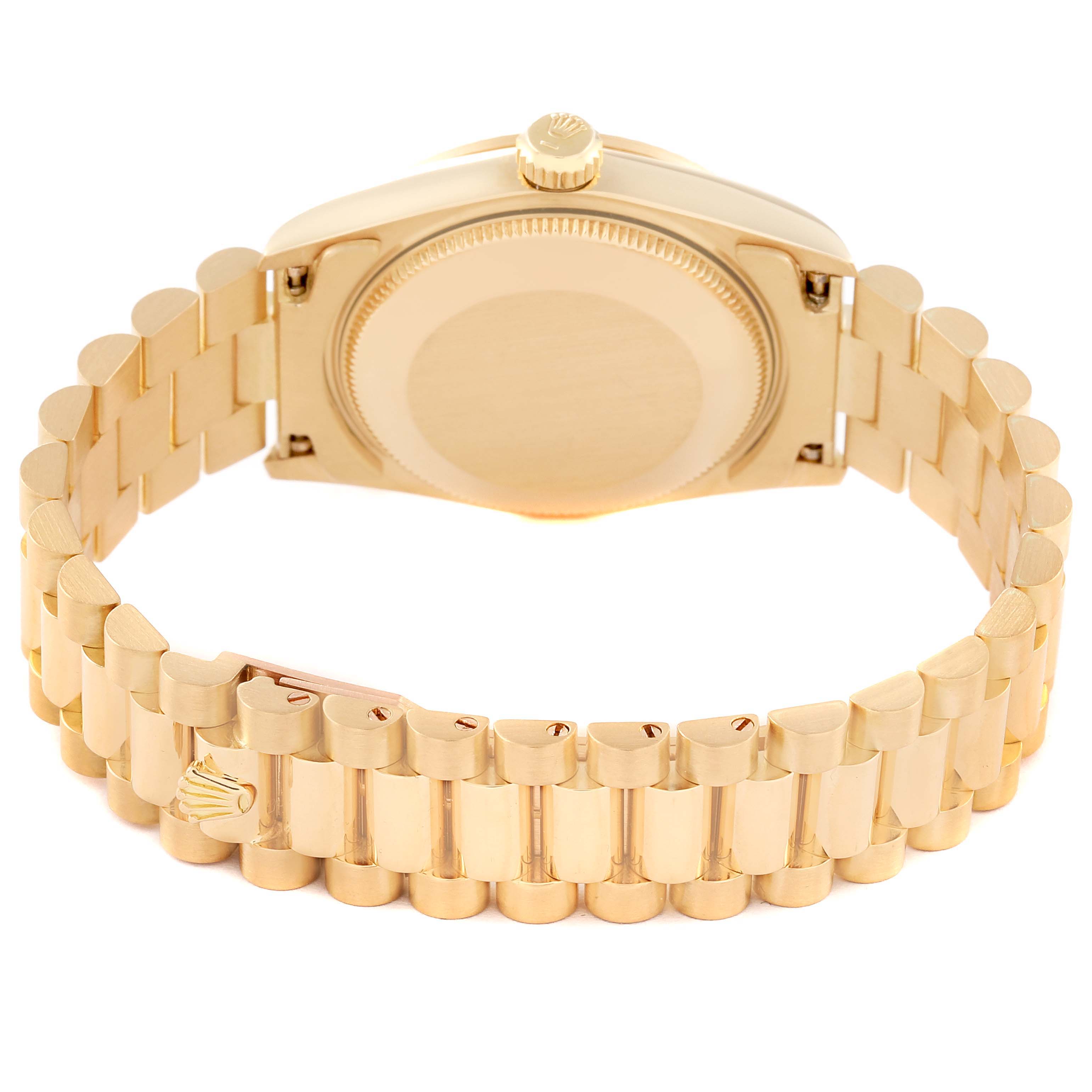 The image shows the back view of a Rolex President 68278 Women's Yellow Gold White Dial 68278 Women's Yellow Gold White Dial model watch, highlighting its case and bracelet.