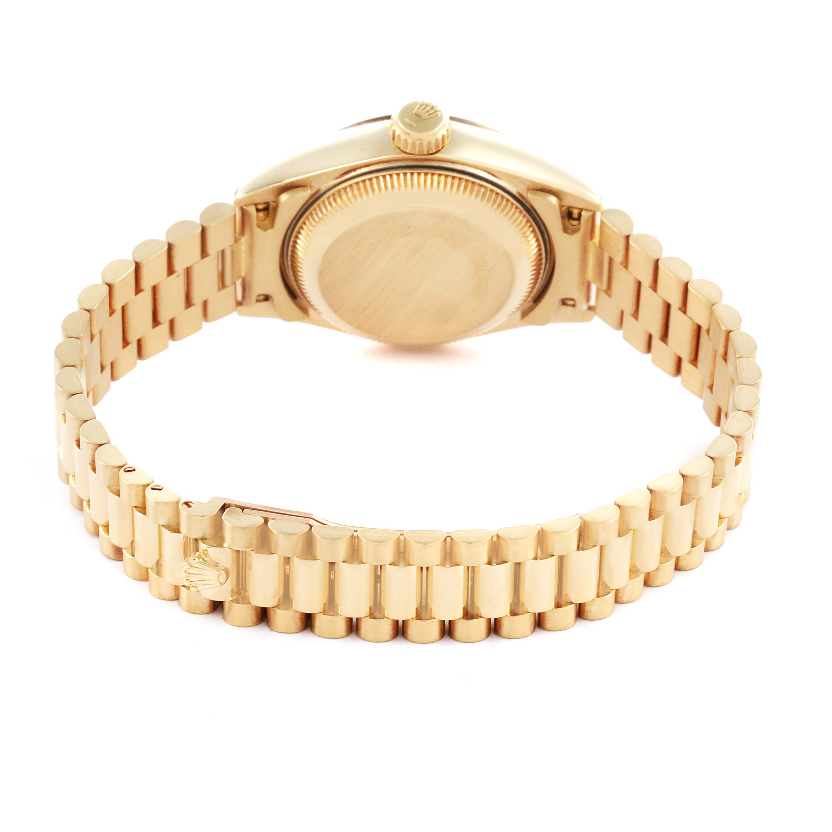 The image shows the back case and bracelet of the Rolex President 69178 Women's Yellow Gold Black Dial 69178 Women's Yellow Gold Black Dial model from a rear angle.