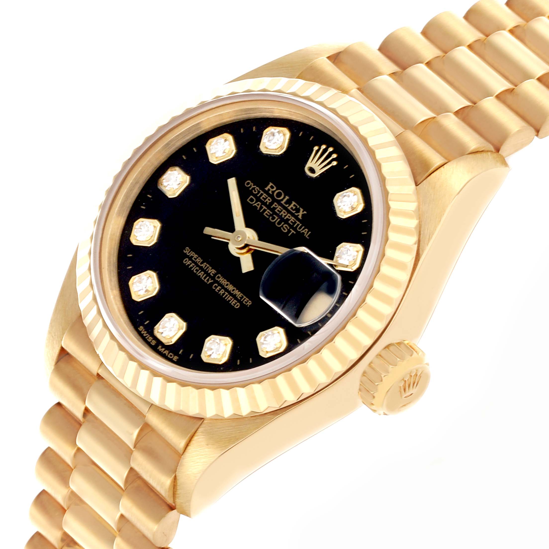 The Rolex President 69178 Women's Yellow Gold Black Dial 69178 Women's Yellow Gold Black Dial model is shown at an angle displaying the face, bezel, bracelet, and crown.