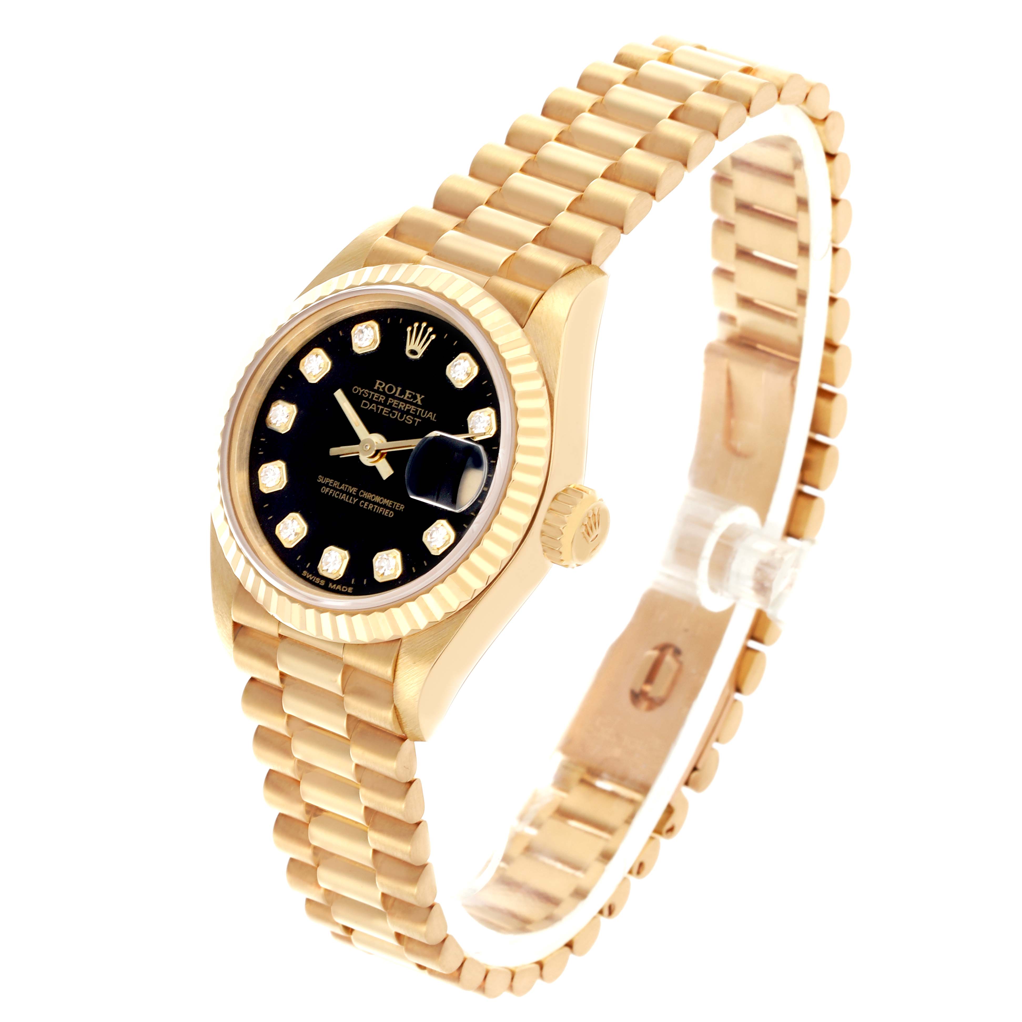 The Rolex President 69178 Women's Yellow Gold Black Dial 69178 Women's Yellow Gold Black Dial watch is shown at an angled view displaying the face, crown, and bracelet.