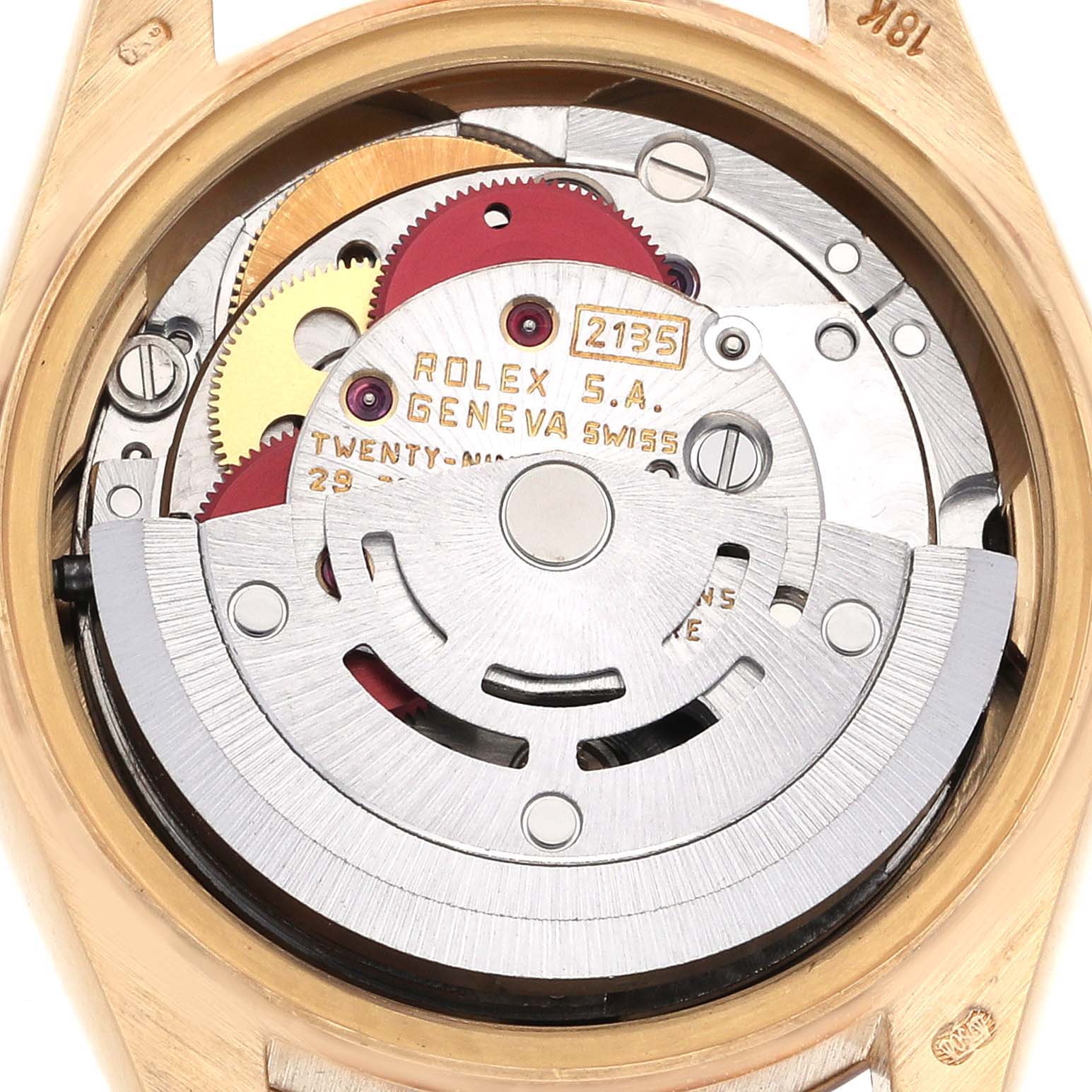 The image shows the internal movement of a Rolex President 69178 Women's Yellow Gold Black Dial 69178 Women's Yellow Gold Black Dial model, viewed from the back.