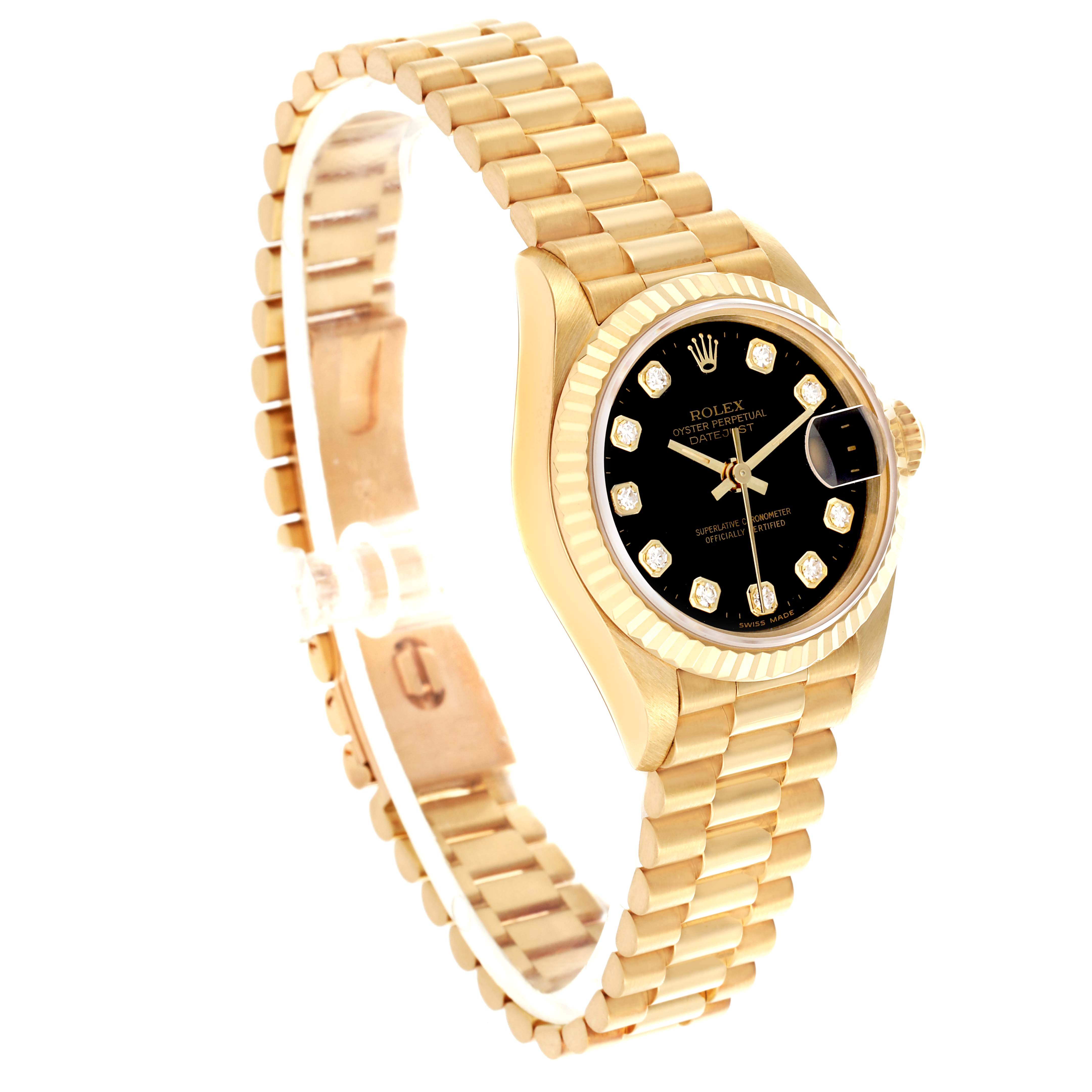 The Rolex President 69178 Women's Yellow Gold Black Dial 69178 Women's Yellow Gold Black Dial model watch is shown in a side angle, highlighting the bezel, dial, and bracelet.