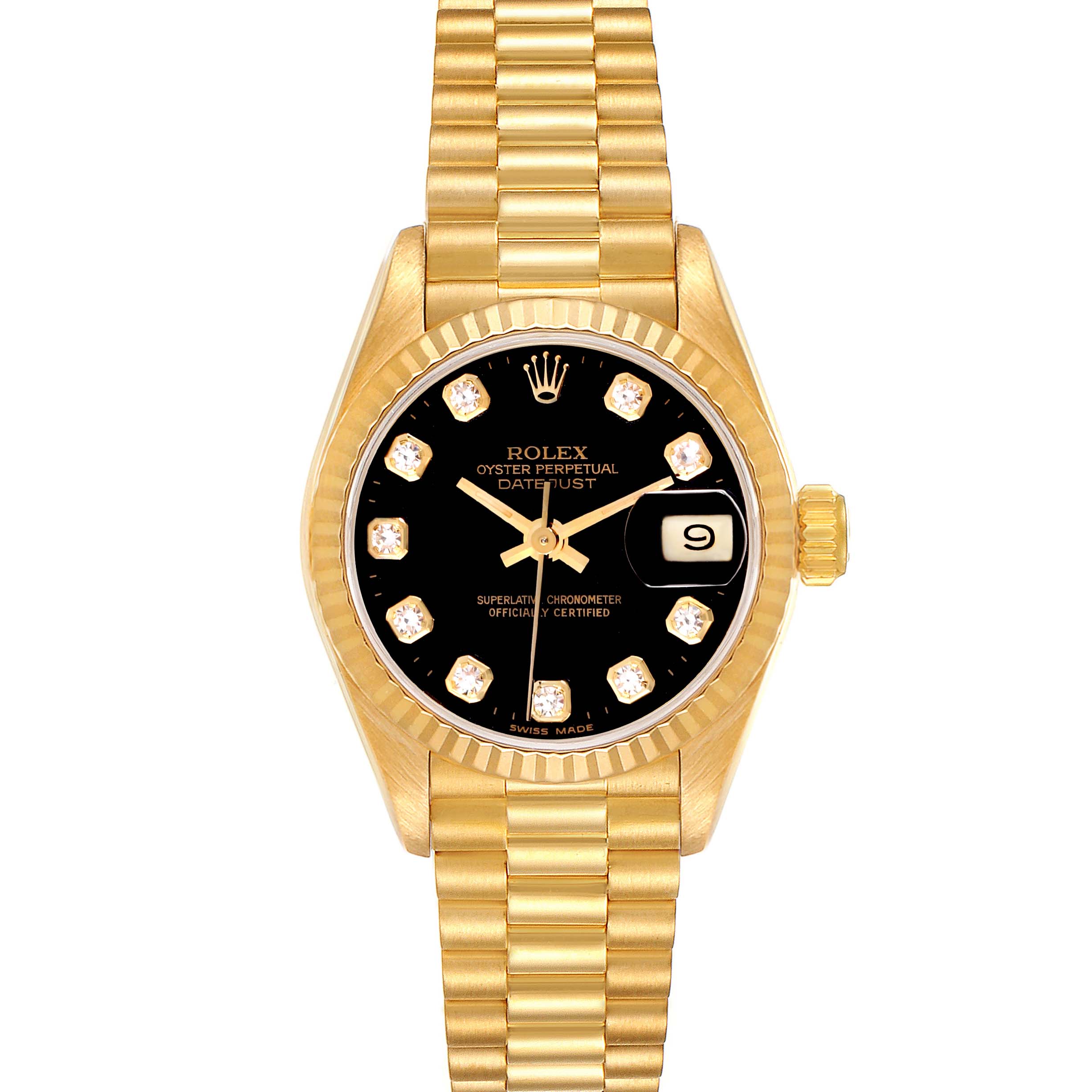 The Rolex President 69178 Women's Yellow Gold Black Dial 69178 Women's Yellow Gold Black Dial watch is shown from the front, displaying the full dial, bezel, and bracelet.